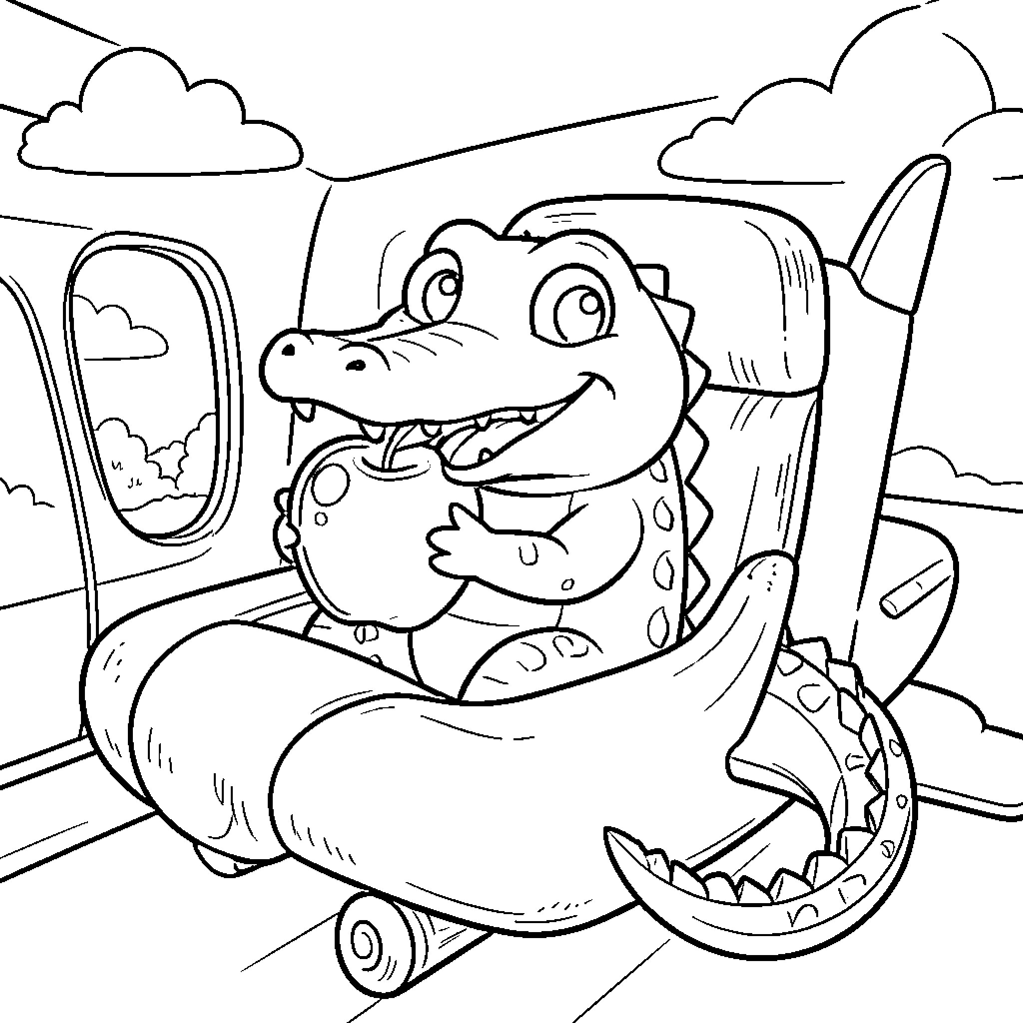Alligator enjoying a ride on an airplane Coloring Page (free black-and-white line drawing printable PDF for all, from beginners to advanced learners, including children, teens, adults, and seniors)