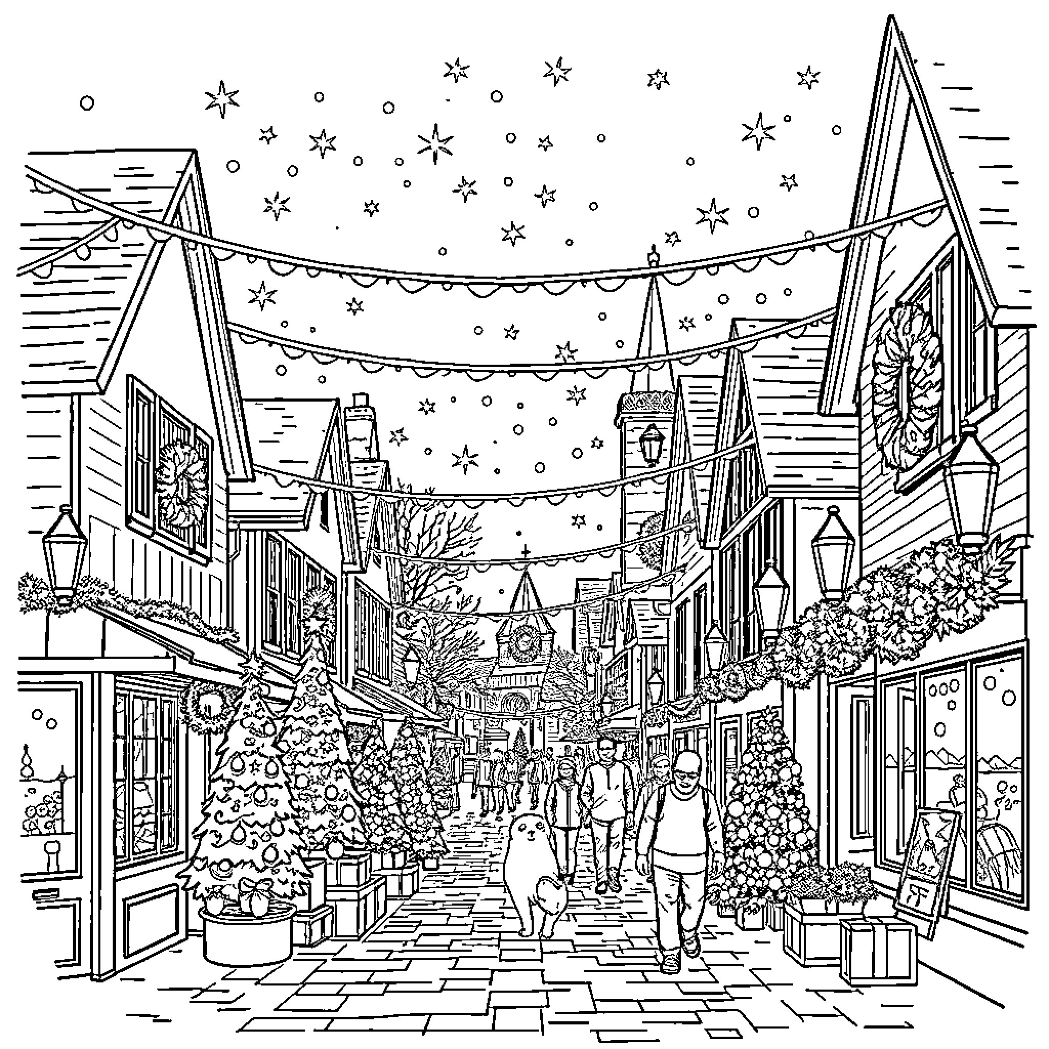 Christmas Celebration in a Festive Town Coloring Page (free black-and-white line drawing printable PDF for all, from beginners to advanced learners, including children, teens, adults, and seniors)
