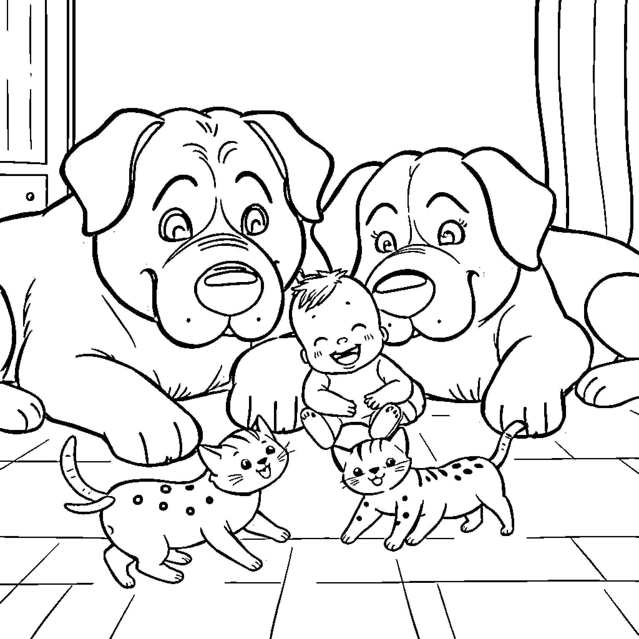 Dog family with pets playing together Coloring Page (free black-and-white line drawing printable PDF for all, from beginners to advanced learners, including children, teens, adults, and seniors)