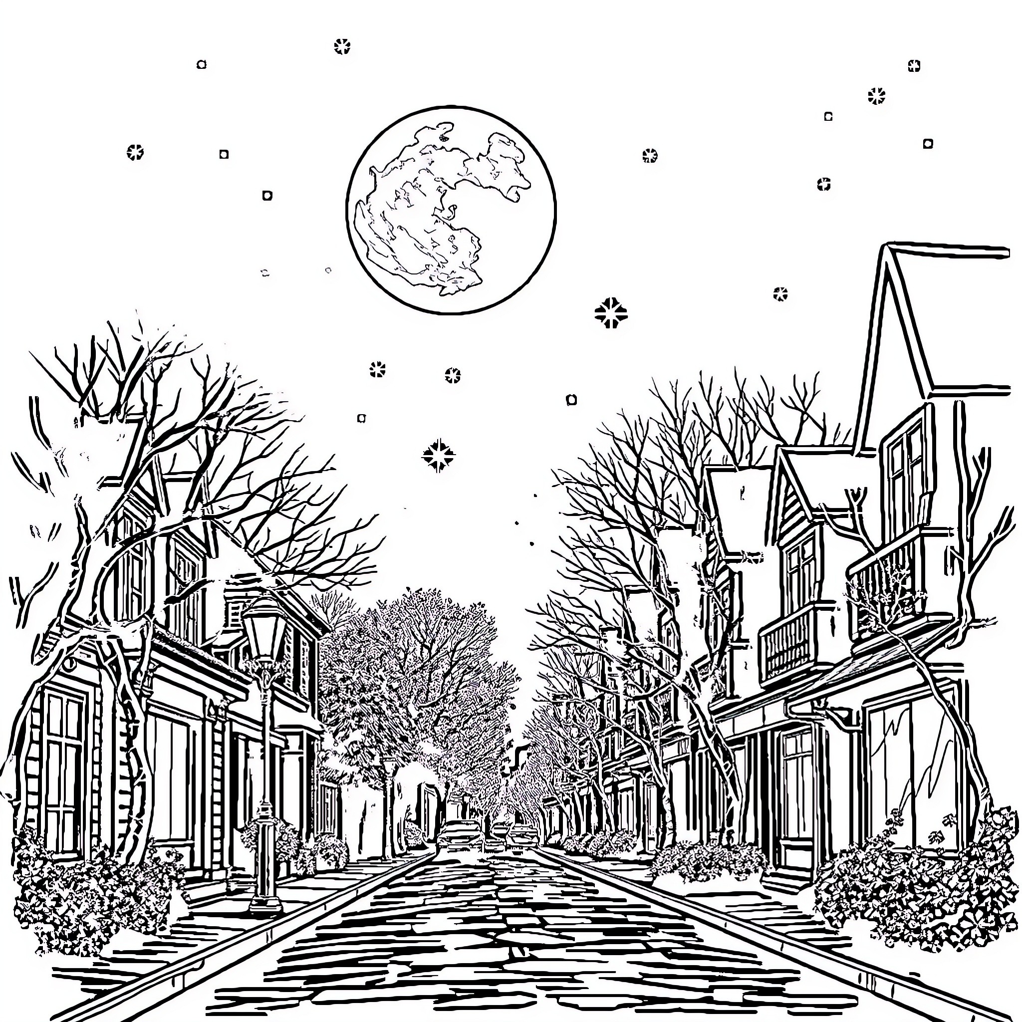 Night Stroll through a Quaint Town Coloring Page (free black-and-white line drawing printable PDF for all, from beginners to advanced learners, including children, teens, adults, and seniors)