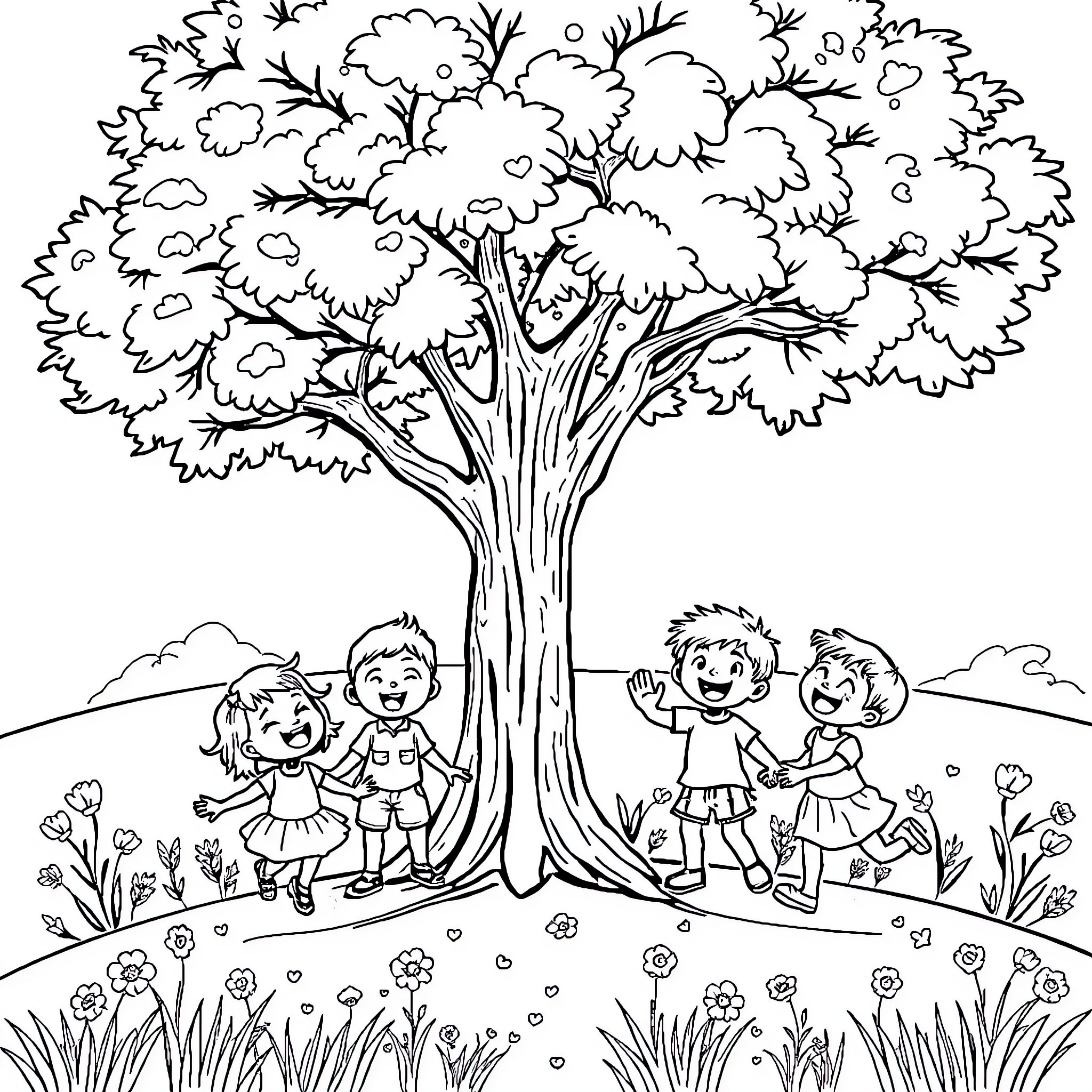 Child playing under a large tree Coloring Page (free black-and-white line drawing printable PDF for all, from beginners to advanced learners, including children, teens, adults, and seniors)