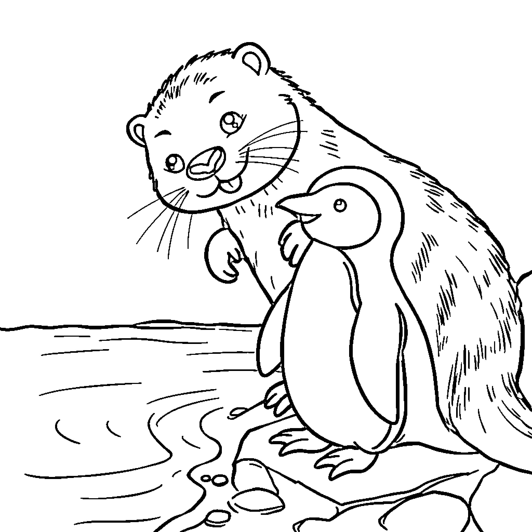 Otter playing with penguin near the water Coloring Page (free black-and-white line drawing printable PDF for all, from beginners to advanced learners, including children, teens, adults, and seniors)