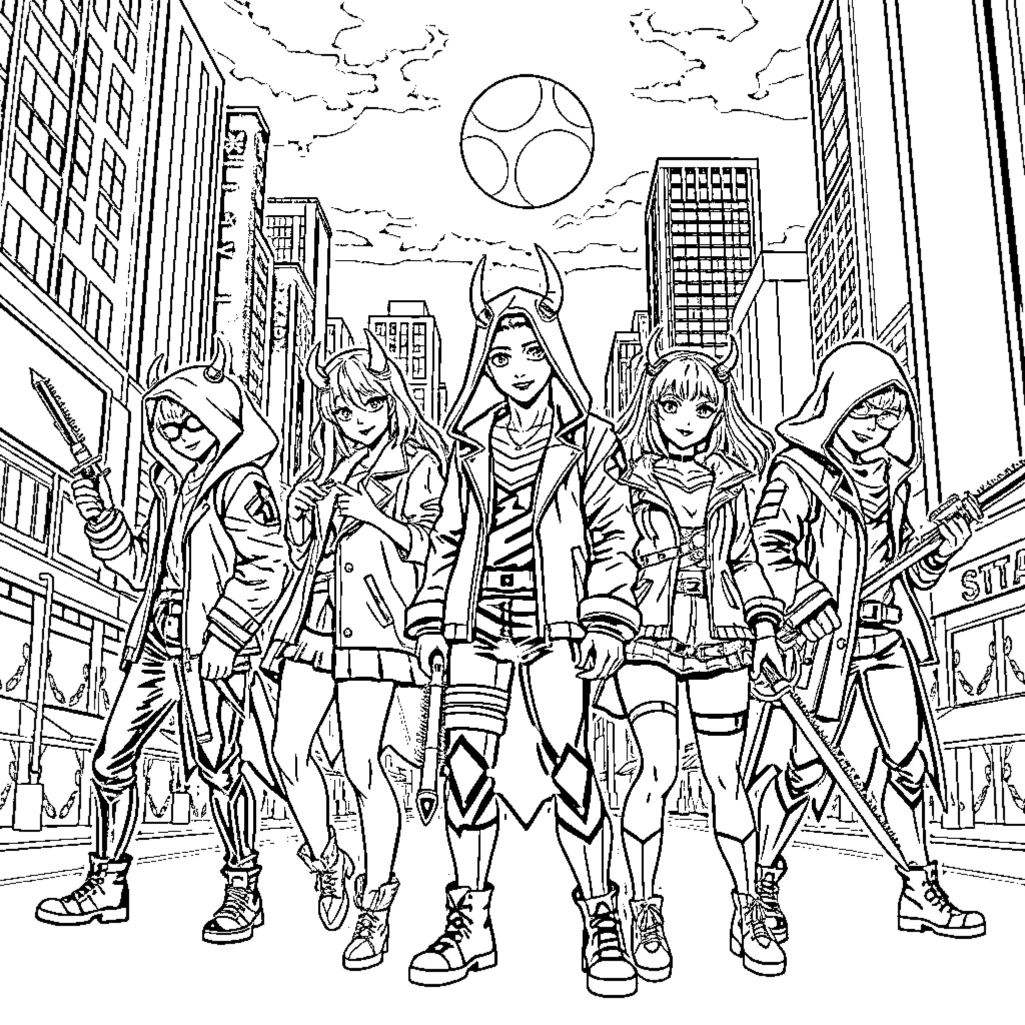 Kpop Demon Hunter - Fierce Superhero Squad in Action Coloring Page (free black-and-white line drawing printable PDF for all, from beginners to advanced learners, including children, teens, adults, and seniors)