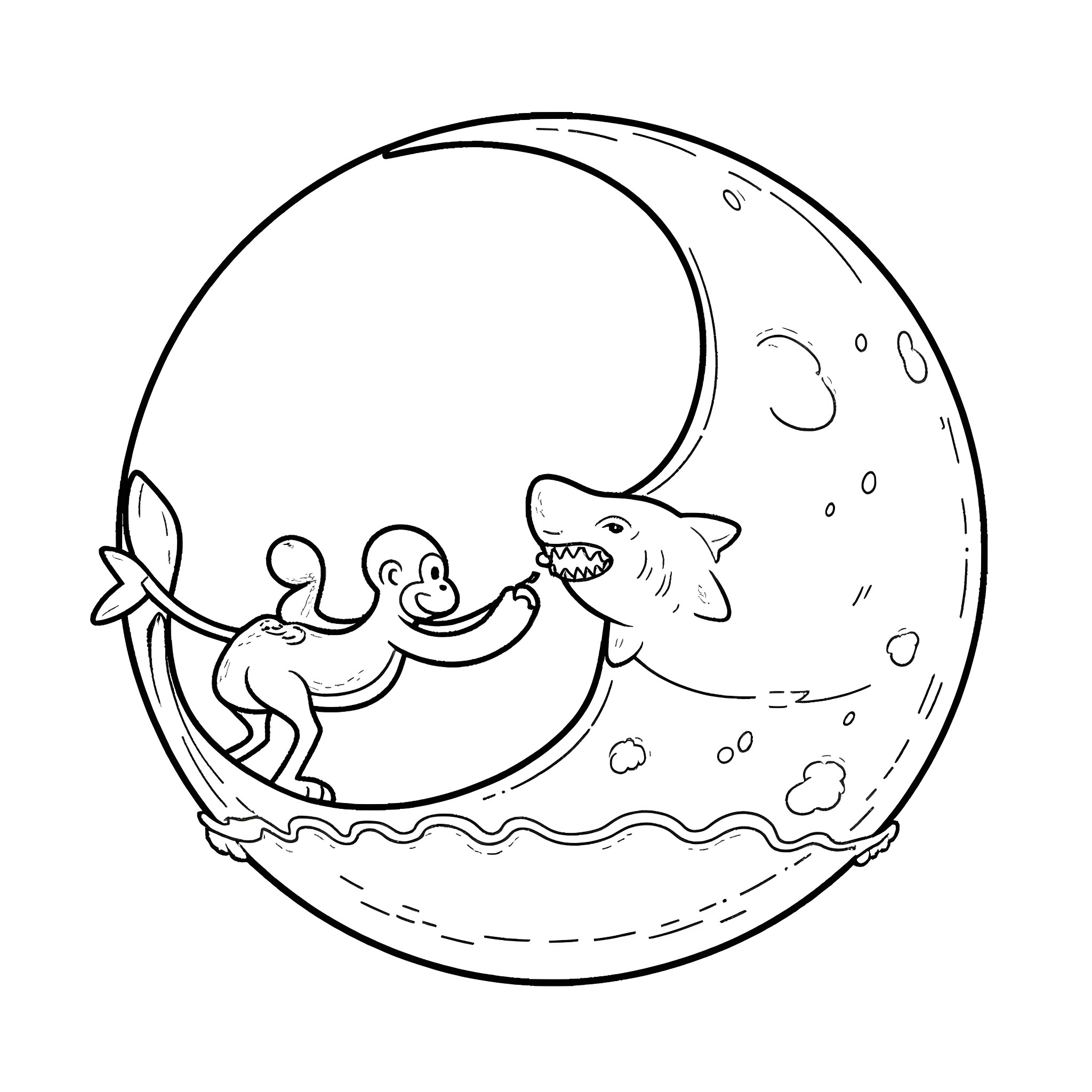 Monkey playing with shark inside crescent moon Coloring Page (free black-and-white line drawing printable PDF for all, from beginners to advanced learners, including children, teens, adults, and seniors)