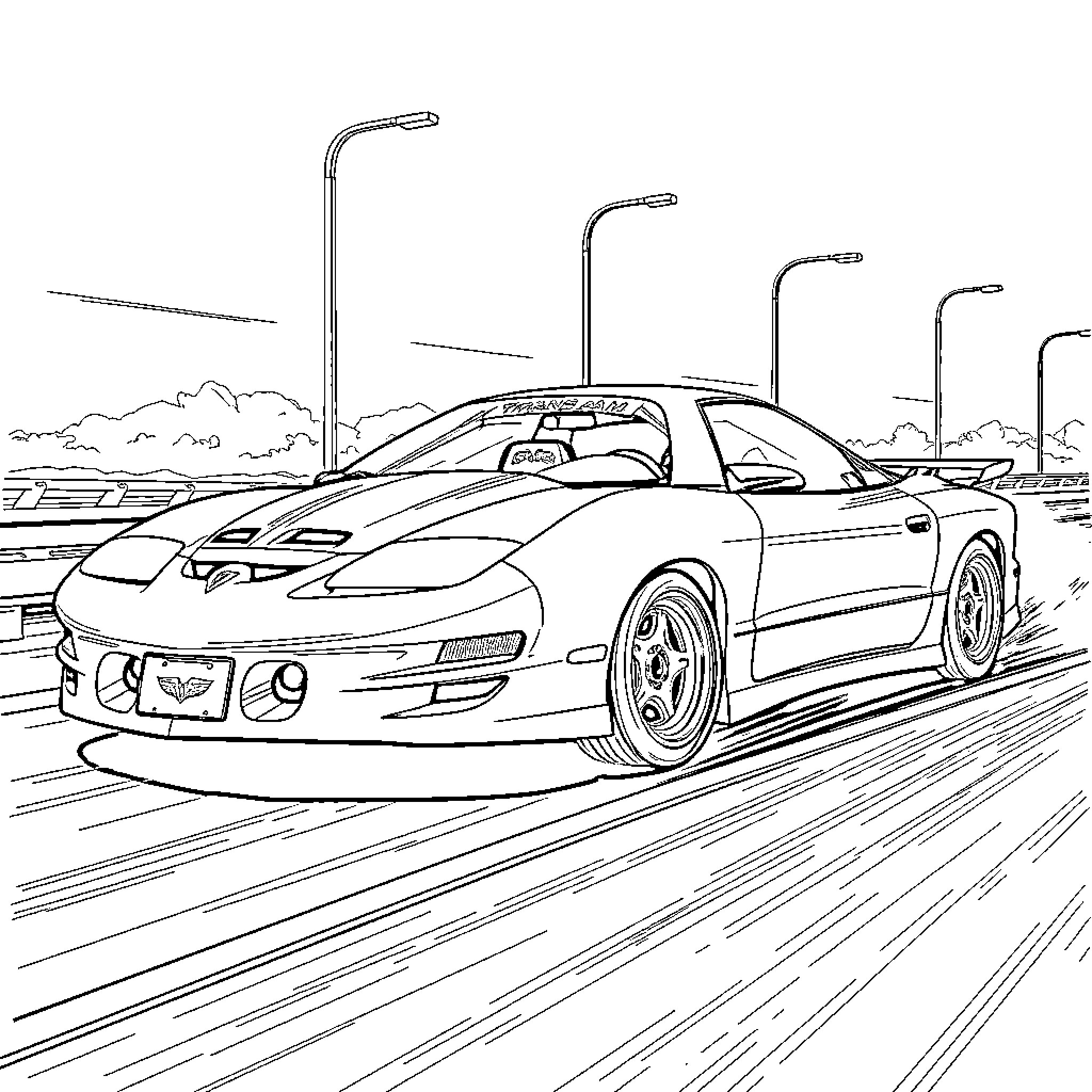 Pontiac sports cars speeding on the road Coloring Page (free black-and-white line drawing printable PDF for all, from beginners to advanced learners, including children, teens, adults, and seniors)