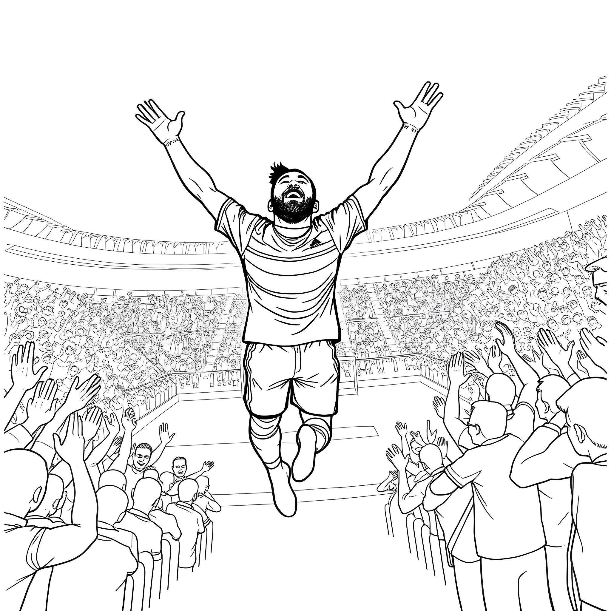 Soccer Player Celebrating Victory in Stadium Coloring Page (free black-and-white line drawing printable PDF for all, from beginners to advanced learners, including children, teens, adults, and seniors)