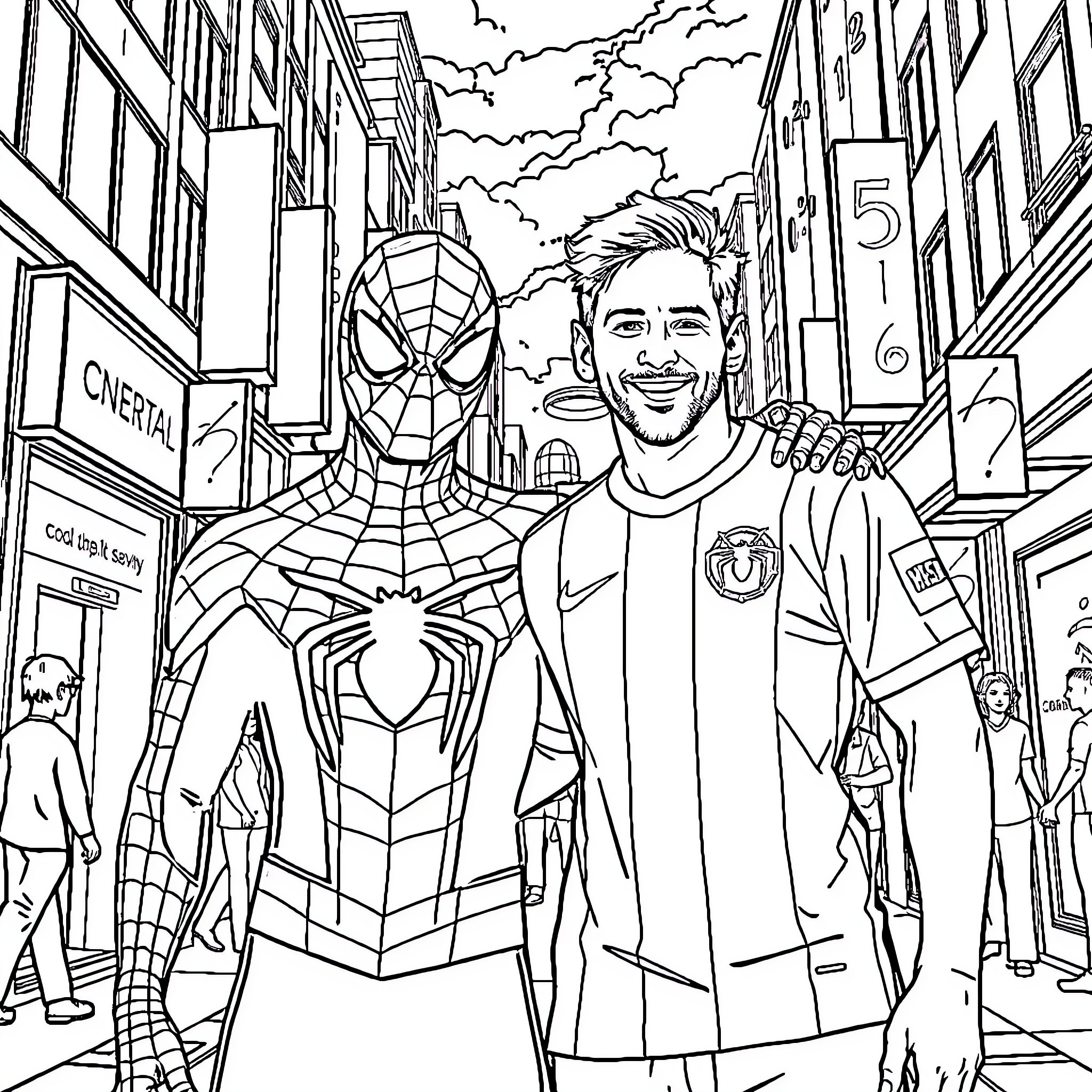 Spiderman and his friend strolling through the city Coloring Page (free black-and-white line drawing printable PDF for all, from beginners to advanced learners, including children, teens, adults, and seniors)