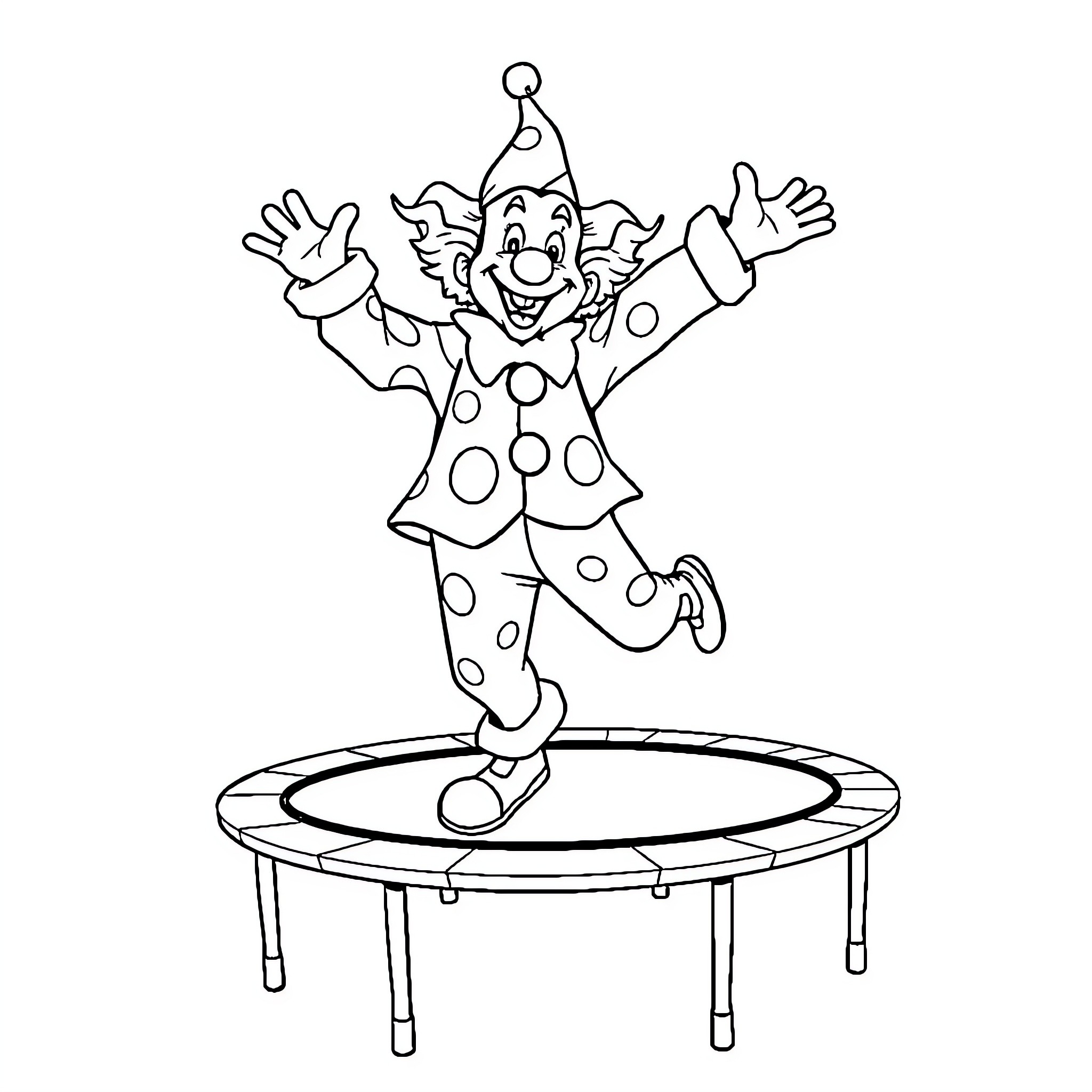 Clown performing energetic acrobatics on trampoline Coloring Page (free black-and-white line drawing printable PDF for all, from beginners to advanced learners, including children, teens, adults, and seniors)