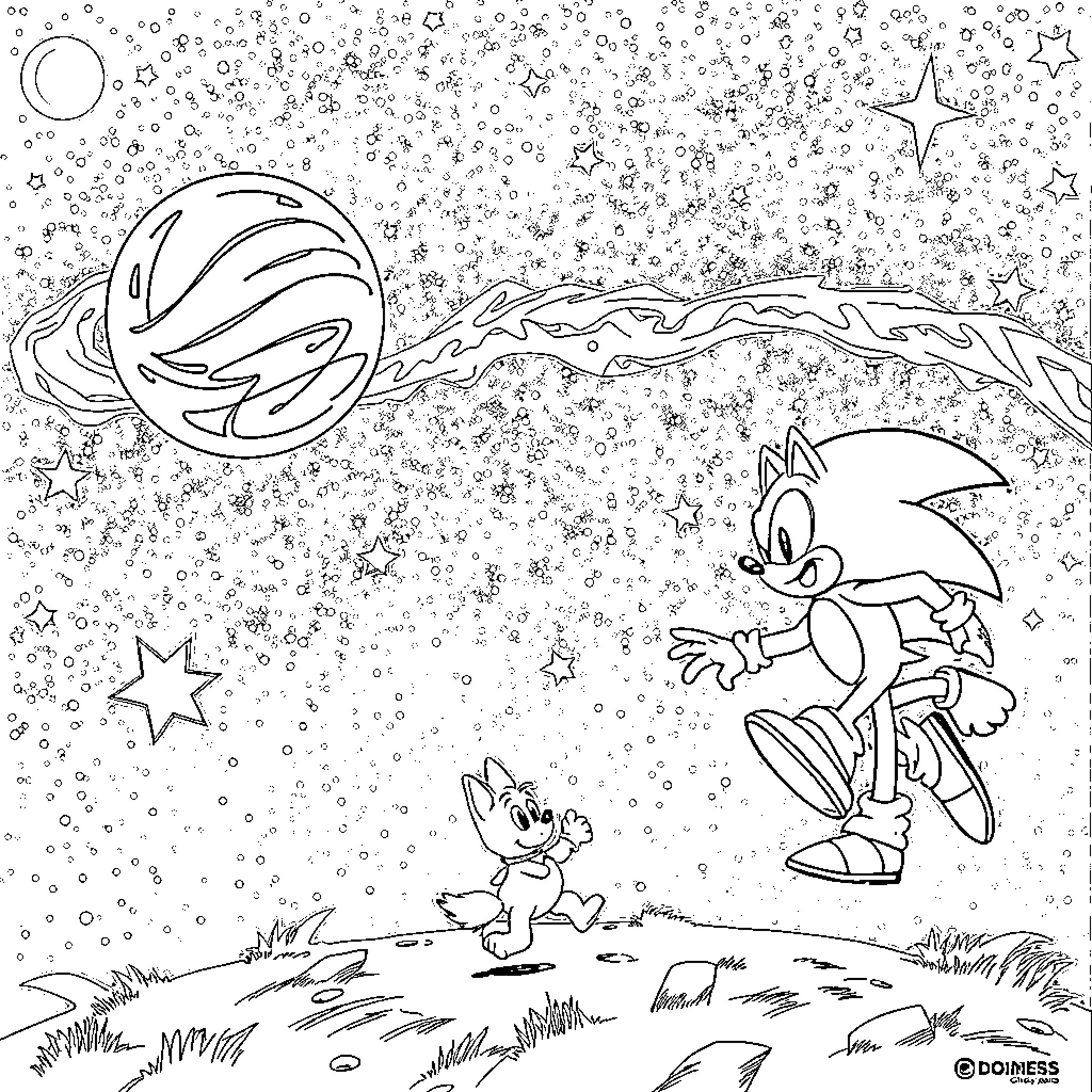 Dog chasing rabbit through cosmic space Coloring Page (free black-and-white line drawing printable PDF for all, from beginners to advanced learners, including children, teens, adults, and seniors)