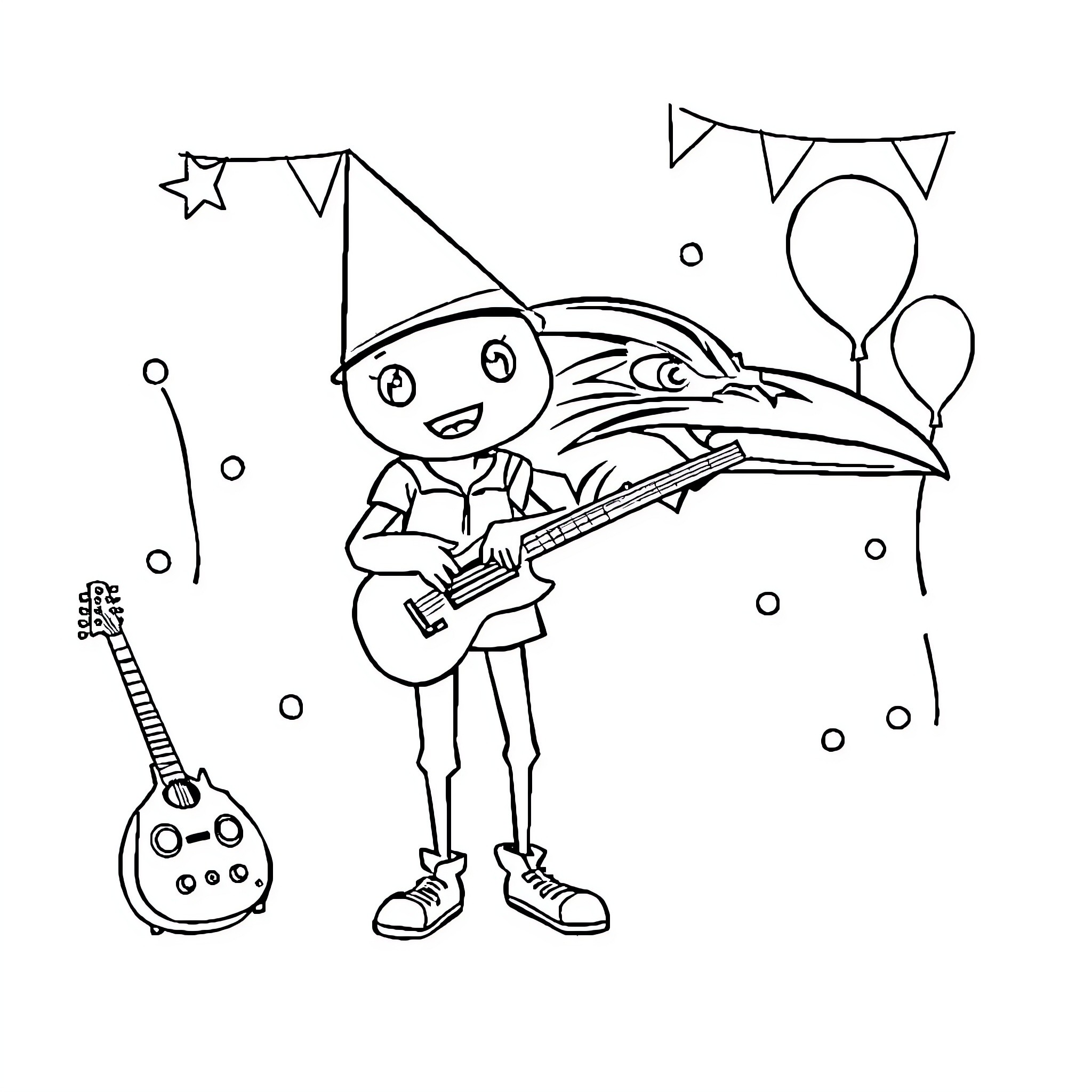 Raven playing guitar and surrounded by festive decorations Coloring Page (free black-and-white line drawing printable PDF for all, from beginners to advanced learners, including children, teens, adults, and seniors)