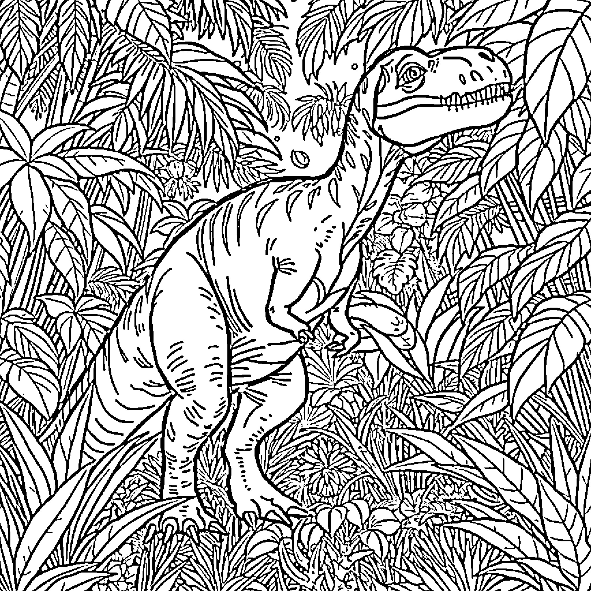 Dinosaur roaming through lush jungle foliage Coloring Page (free black-and-white line drawing printable PDF for all, from beginners to advanced learners, including children, teens, adults, and seniors)