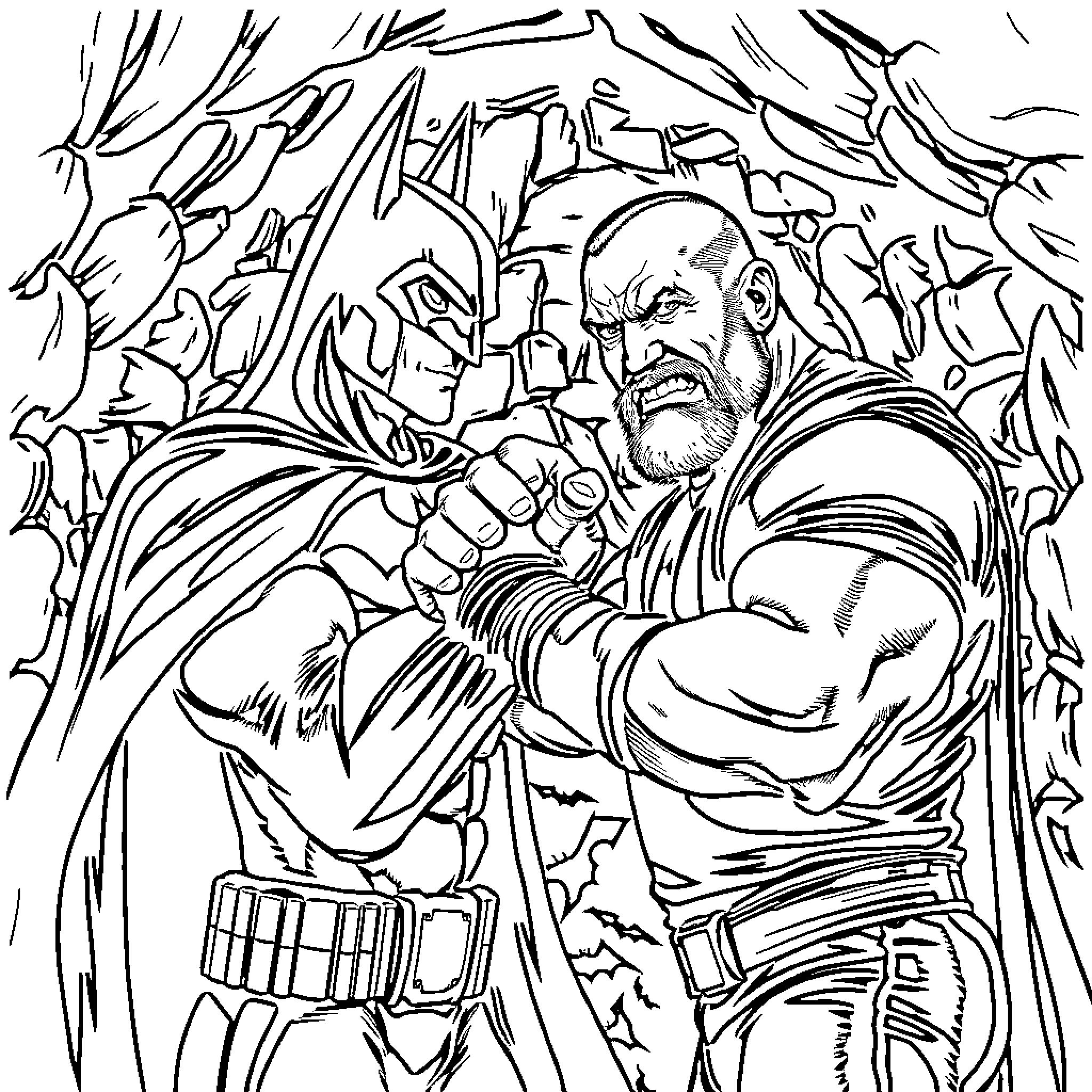 Batman battling in a dramatic action scene Coloring Page (free black-and-white line drawing printable PDF for all, from beginners to advanced learners, including children, teens, adults, and seniors)