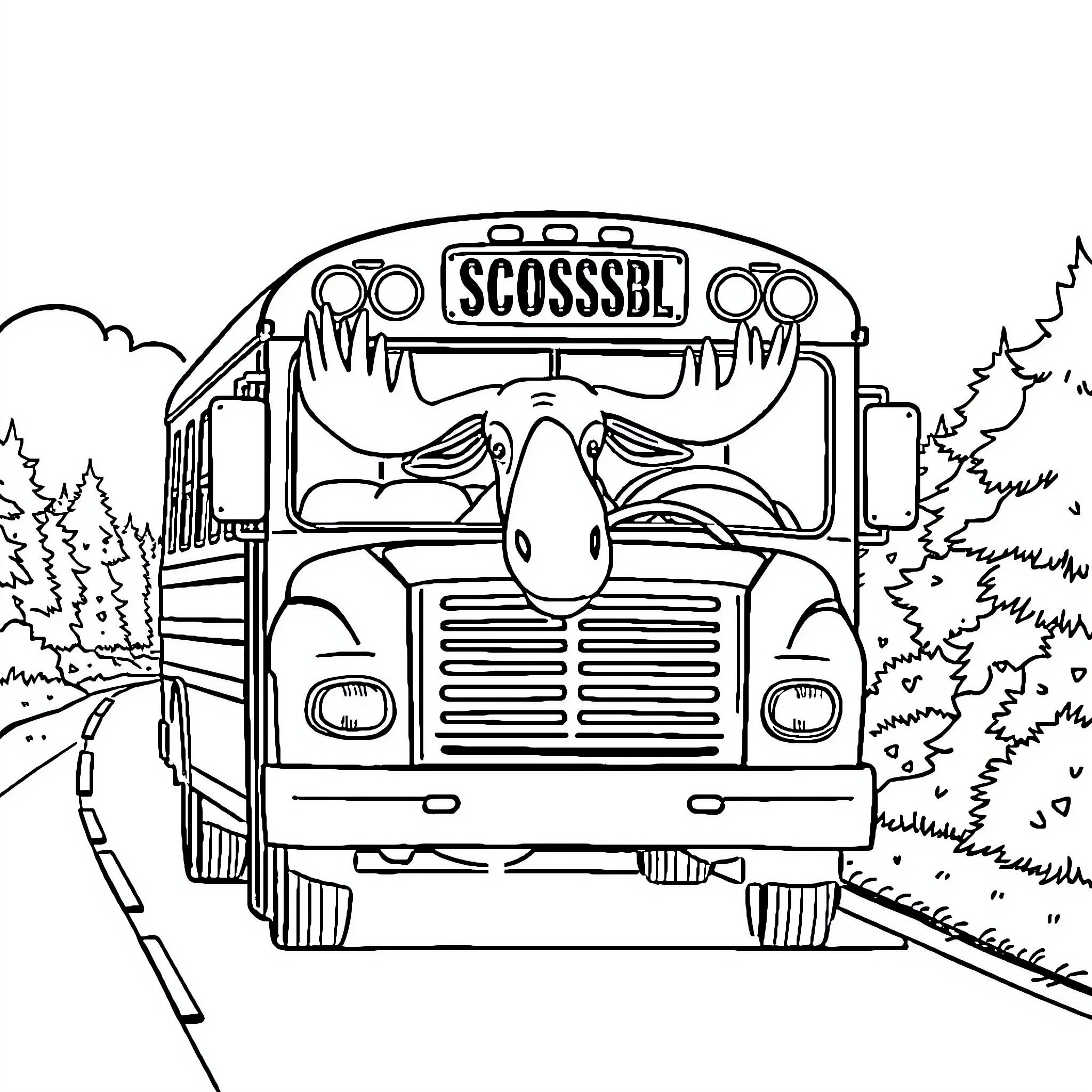 Moose riding a quirky school bus through the woods Coloring Page (free black-and-white line drawing printable PDF for all, from beginners to advanced learners, including children, teens, adults, and seniors)