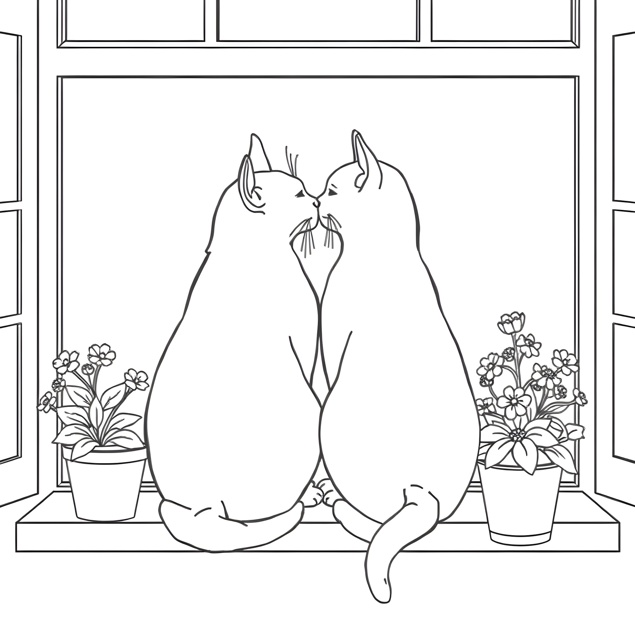 Cat couple cuddling in the window Coloring Page (free black-and-white line drawing printable PDF for all, from beginners to advanced learners, including children, teens, adults, and seniors)