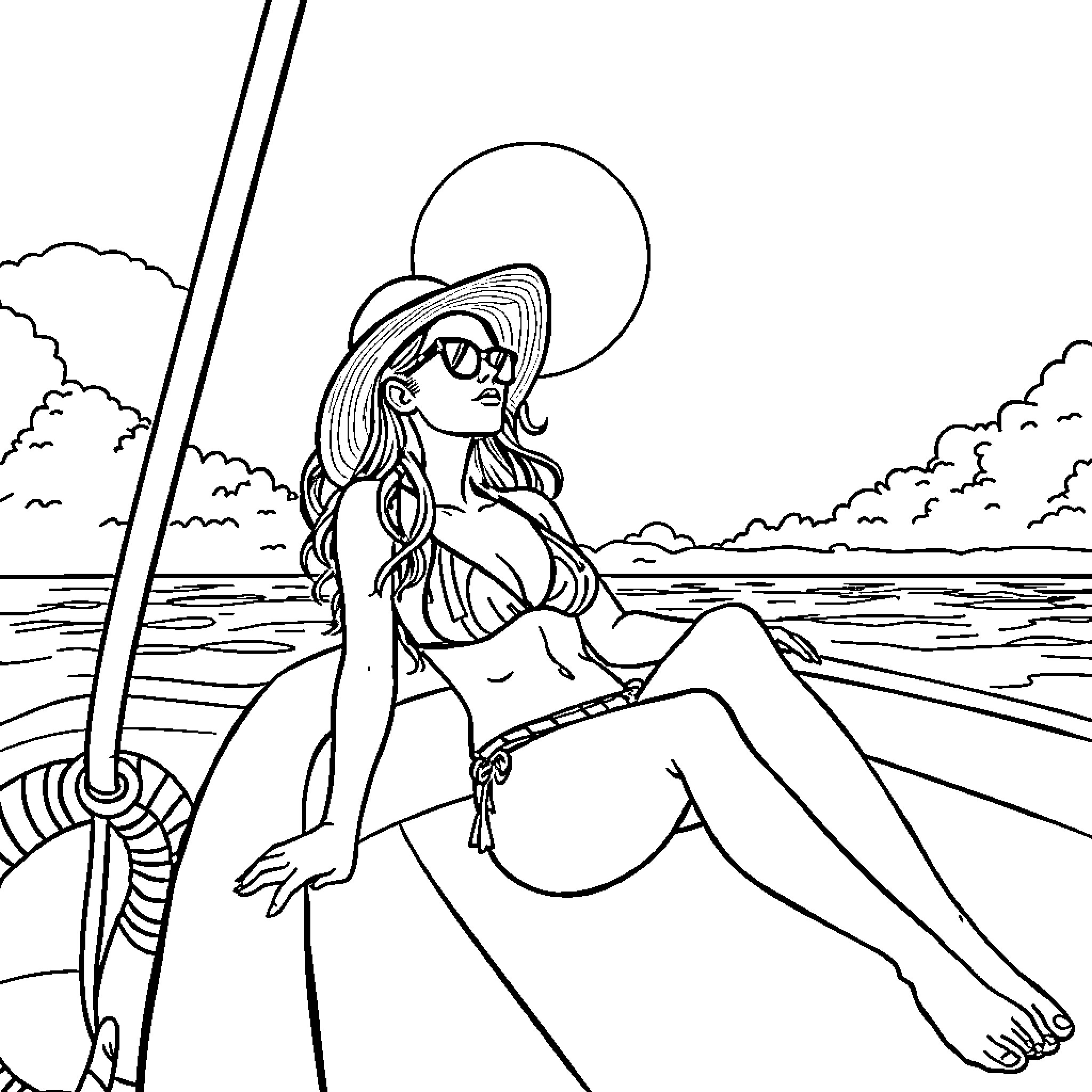 Girl relaxing on a boat in the ocean Coloring Page (free black-and-white line drawing printable PDF for all, from beginners to advanced learners, including children, teens, adults, and seniors)