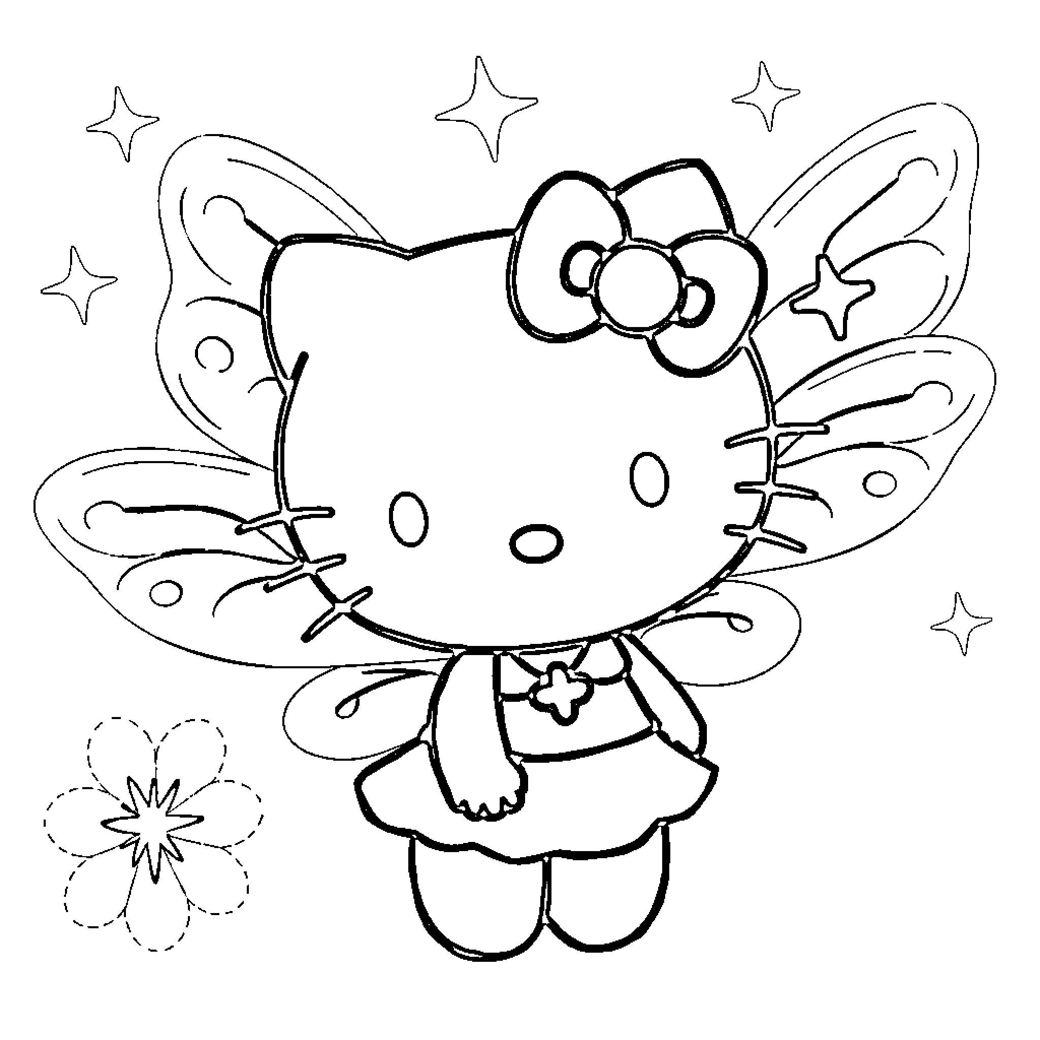Hello Kitty as a Fairy with Magical Whimsical Elements Coloring Page (free black-and-white line drawing printable PDF for all, from beginners to advanced learners, including children, teens, adults, and seniors)