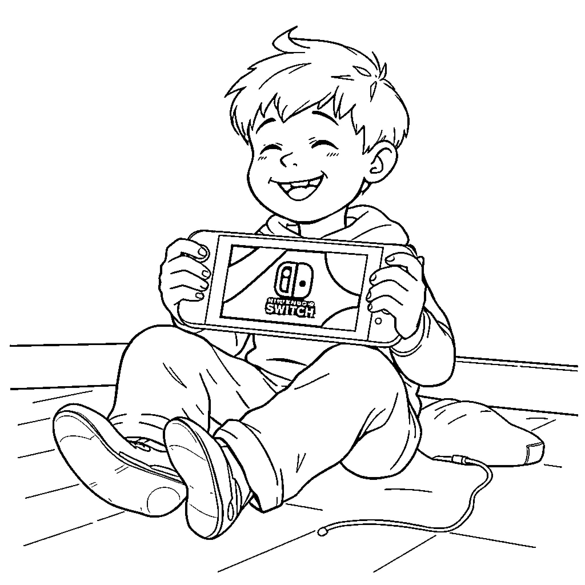 Child playing joyfully with gaming device Coloring Page (free black-and-white line drawing printable PDF for all, from beginners to advanced learners, including children, teens, adults, and seniors)