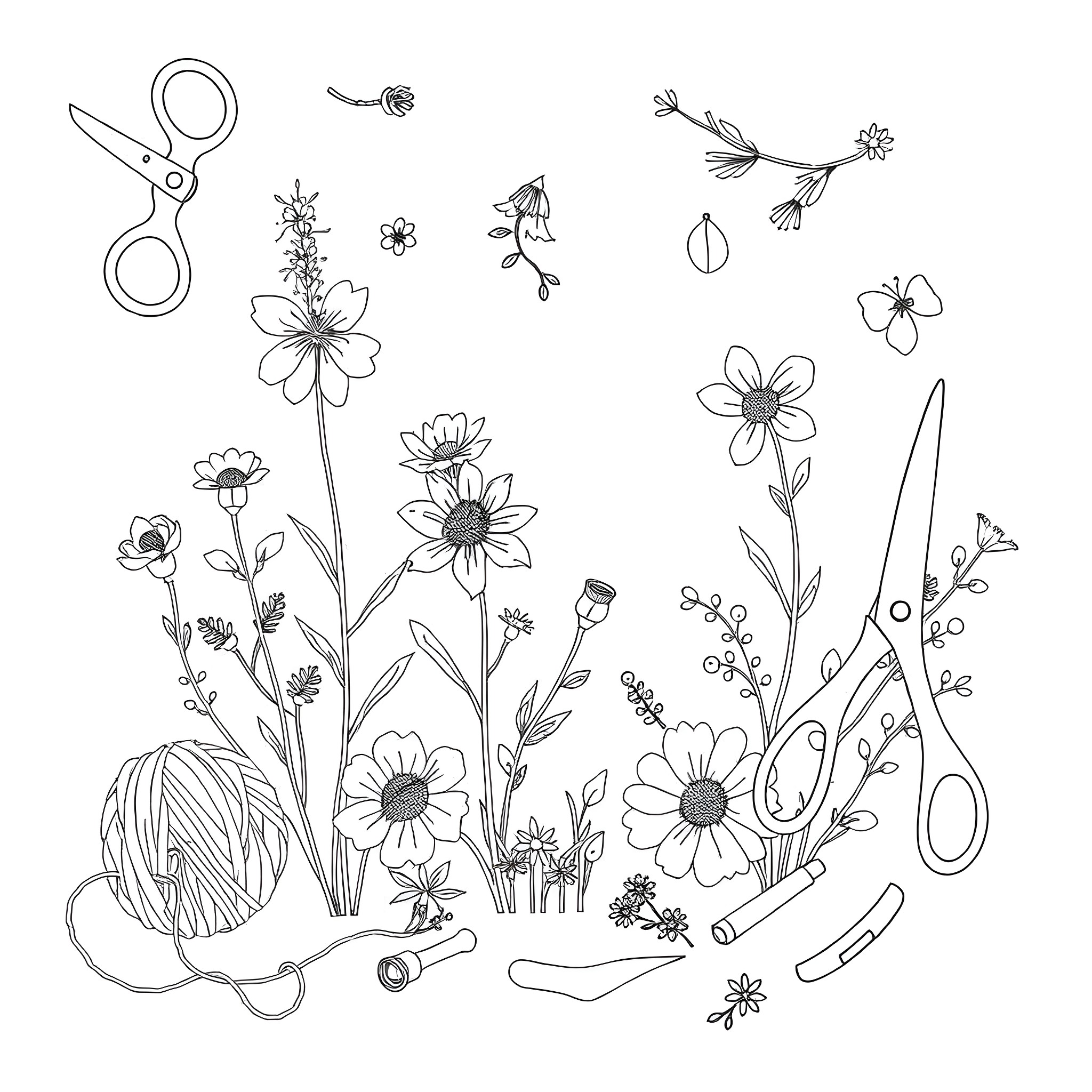 Wildflower Sewing and Crafting Coloring Page (free black-and-white line drawing printable PDF for all, from beginners to advanced learners, including children, teens, adults, and seniors)