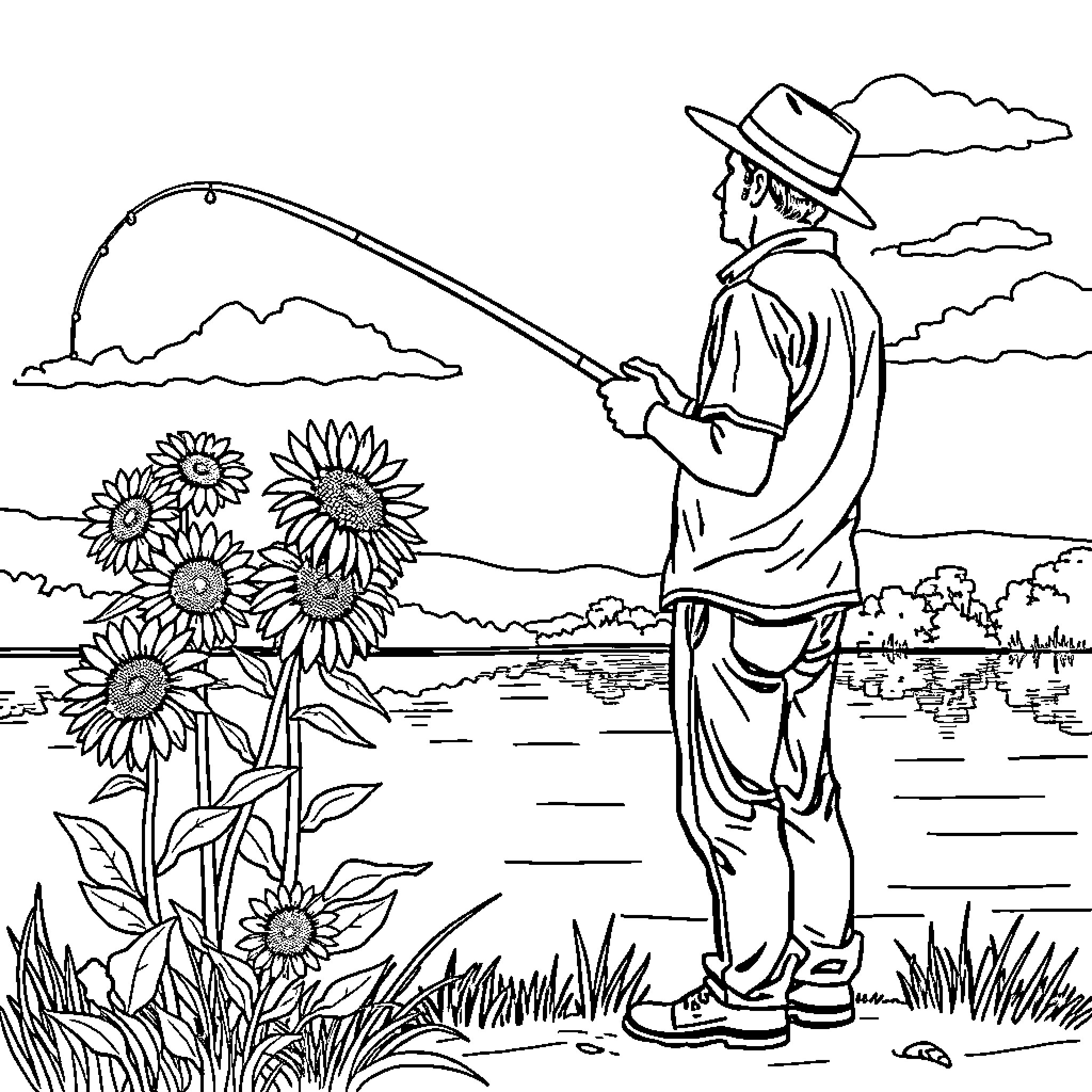 Man fishing peacefully in the nature landscape Coloring Page (free black-and-white line drawing printable PDF for all, from beginners to advanced learners, including children, teens, adults, and seniors)