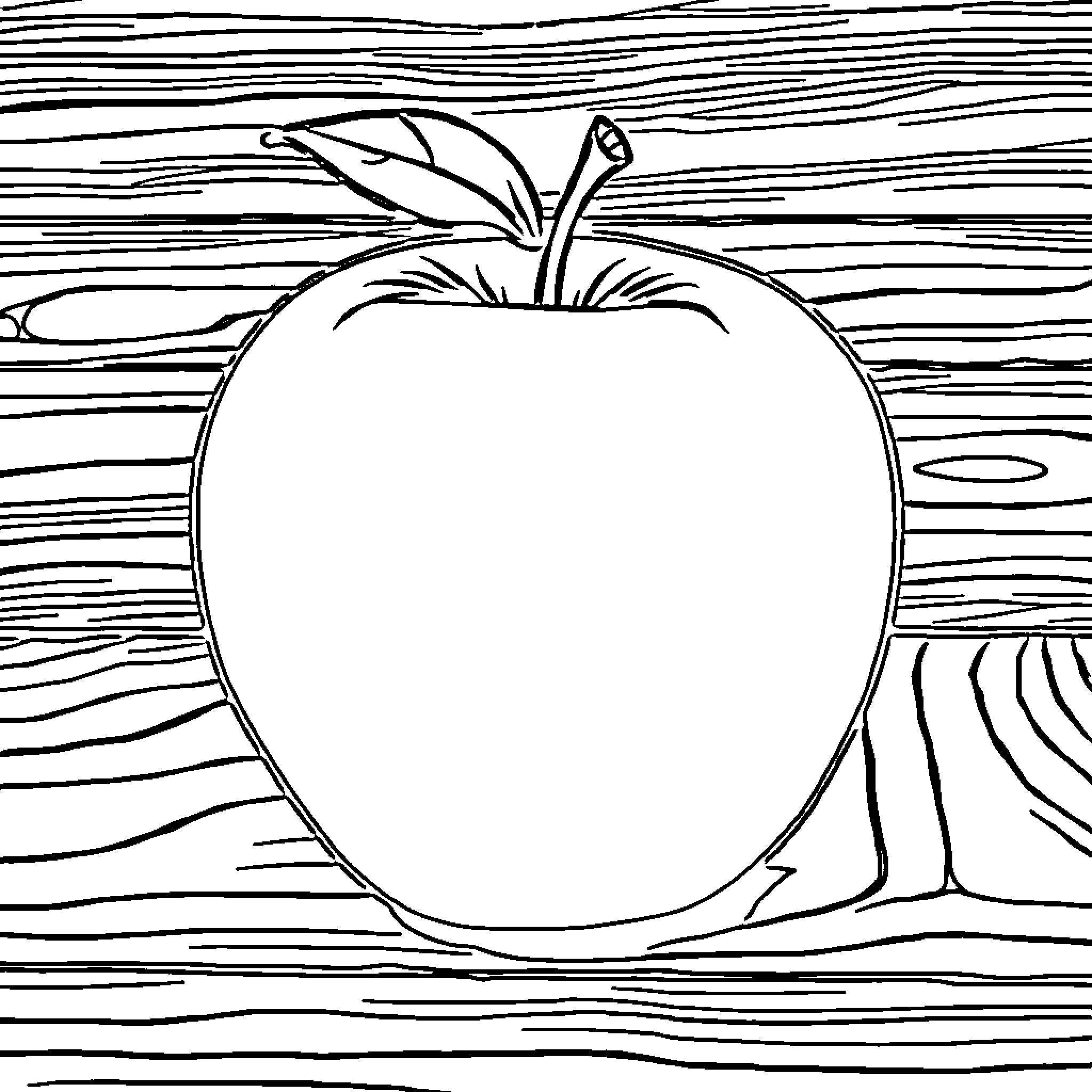 Apple on Wooden Texture Coloring Page (free black-and-white line drawing printable PDF for all, from beginners to advanced learners, including children, teens, adults, and seniors)