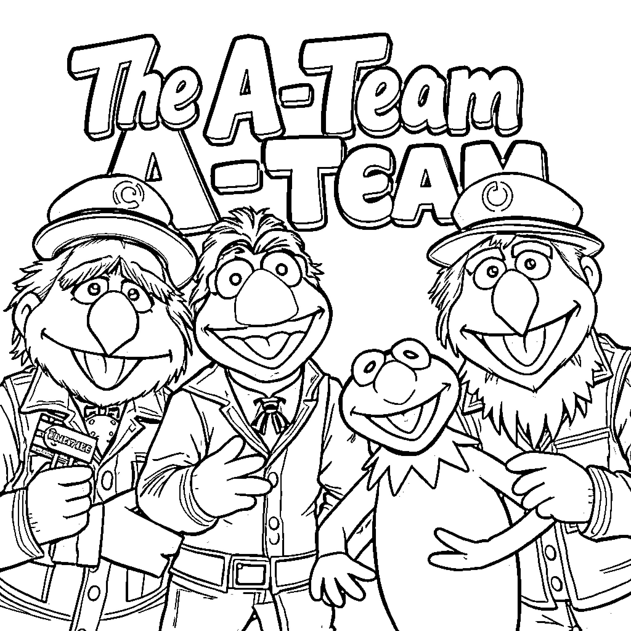 Muppet A-Team Capers and Misadventures Coloring Page (free black-and-white line drawing printable PDF for all, from beginners to advanced learners, including children, teens, adults, and seniors)