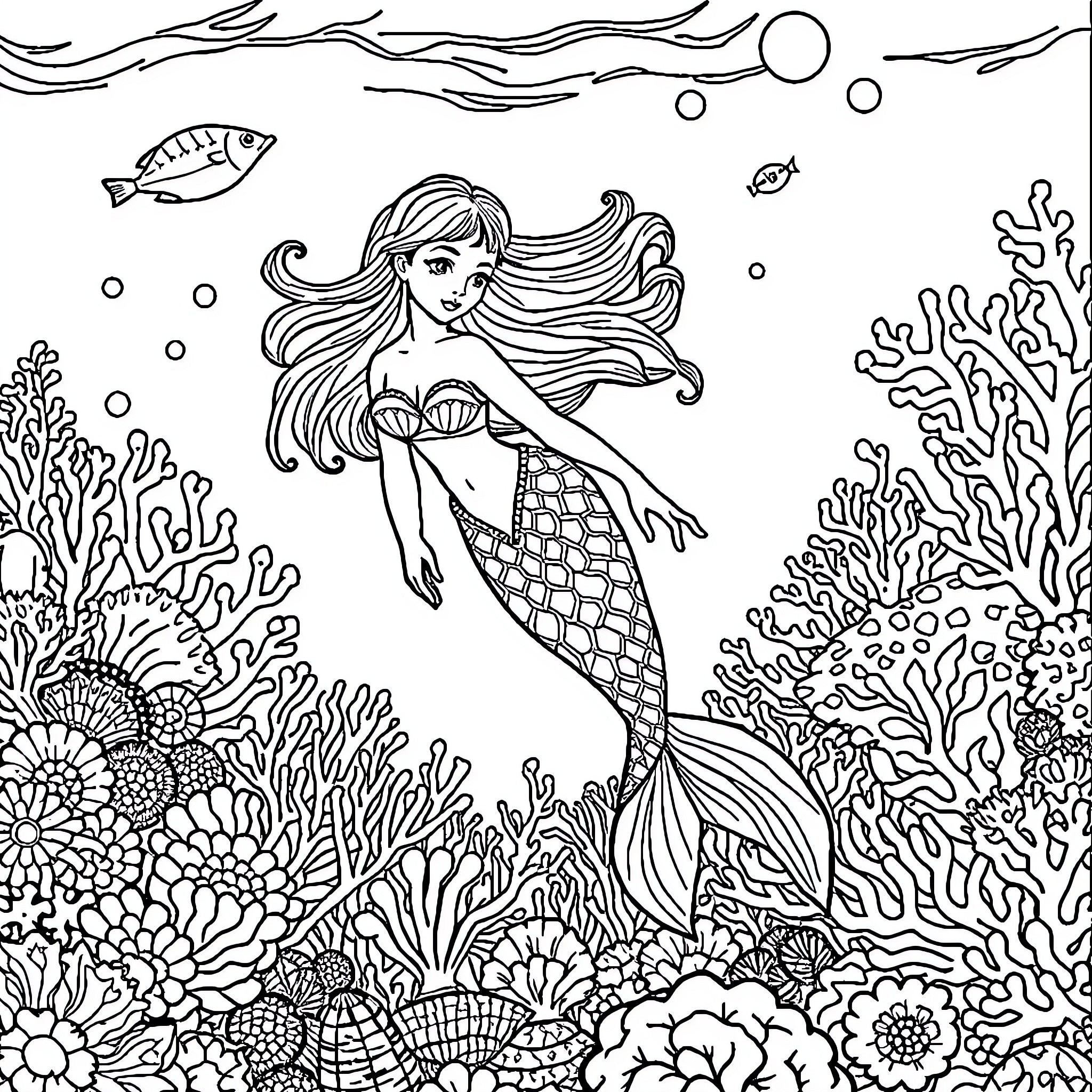 Mermaid swimming among the coral reef Coloring Page (free black-and-white line drawing printable PDF for all, from beginners to advanced learners, including children, teens, adults, and seniors)