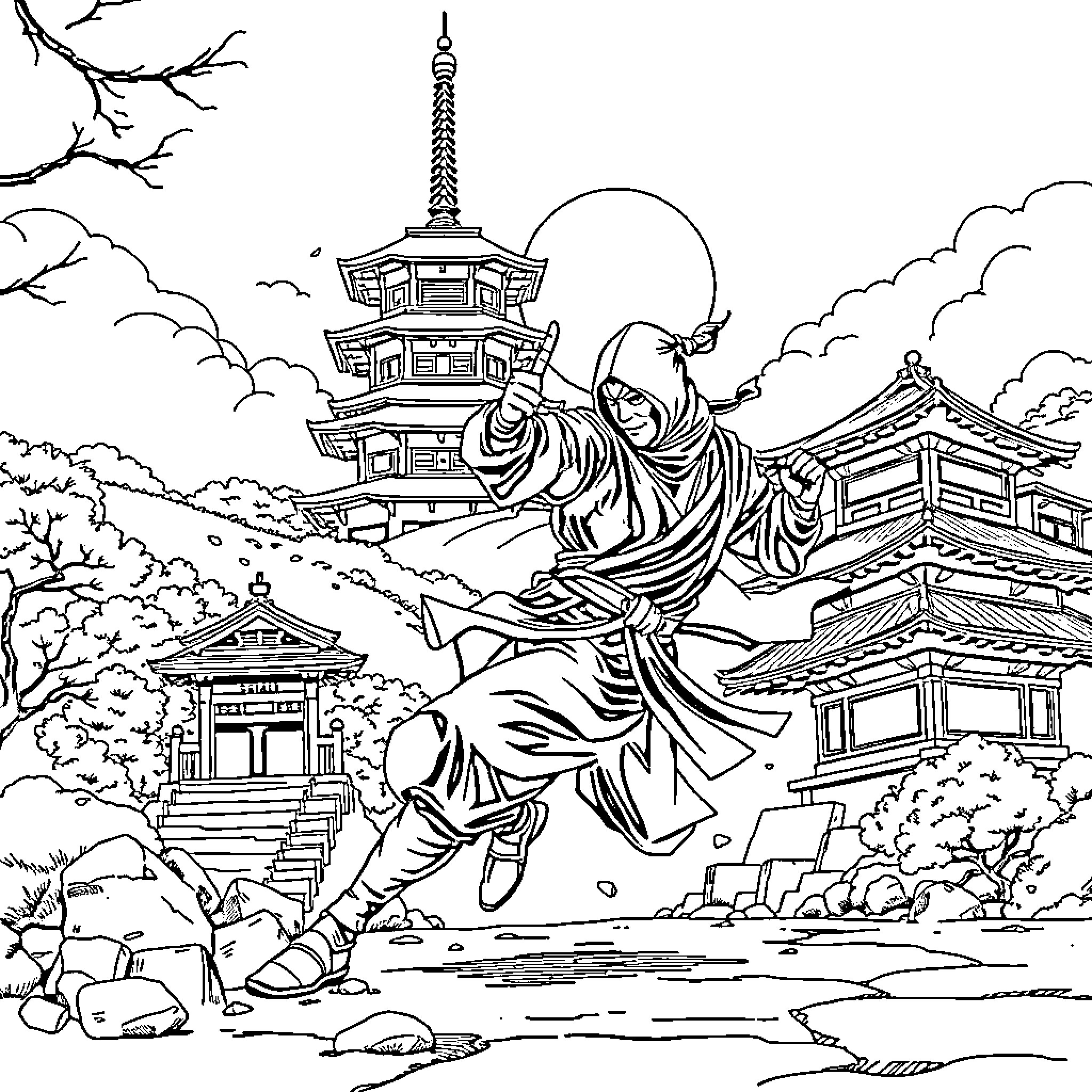 Ninja leaping through serene Japanese landscape Coloring Page (free black-and-white line drawing printable PDF for all, from beginners to advanced learners, including children, teens, adults, and seniors)
