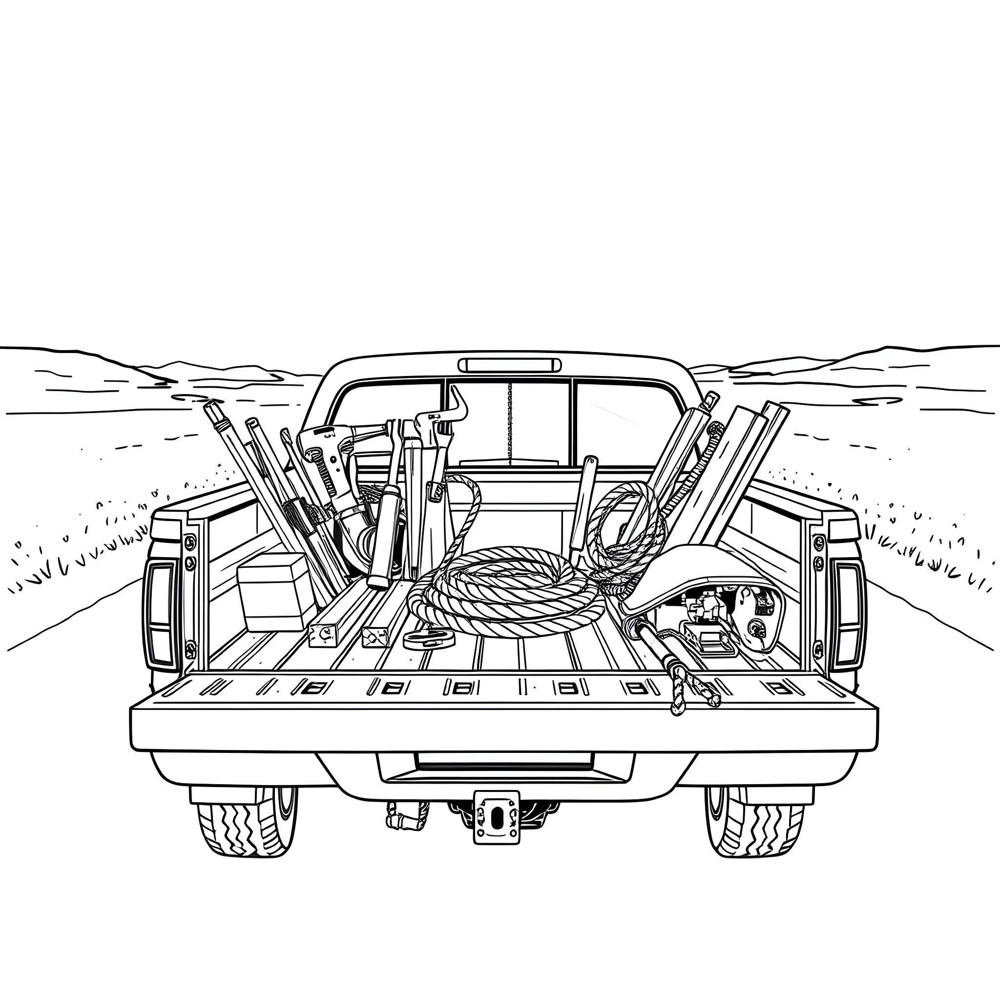Truck filled with tools on a rural landscape Coloring Page (free black-and-white line drawing printable PDF for all, from beginners to advanced learners, including children, teens, adults, and seniors)