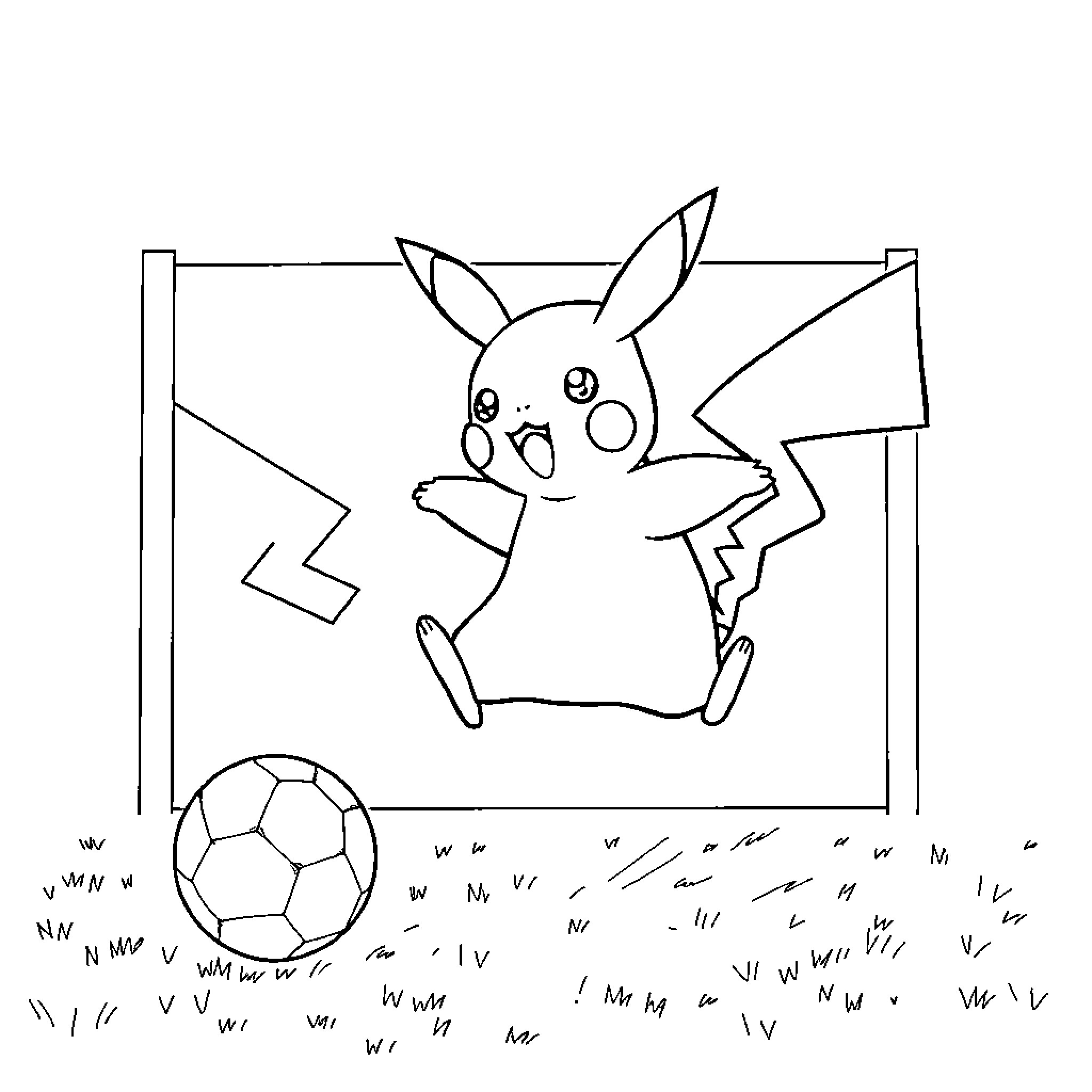 Pikachu enjoying a game of soccer Coloring Page (free black-and-white line drawing printable PDF for all, from beginners to advanced learners, including children, teens, adults, and seniors)