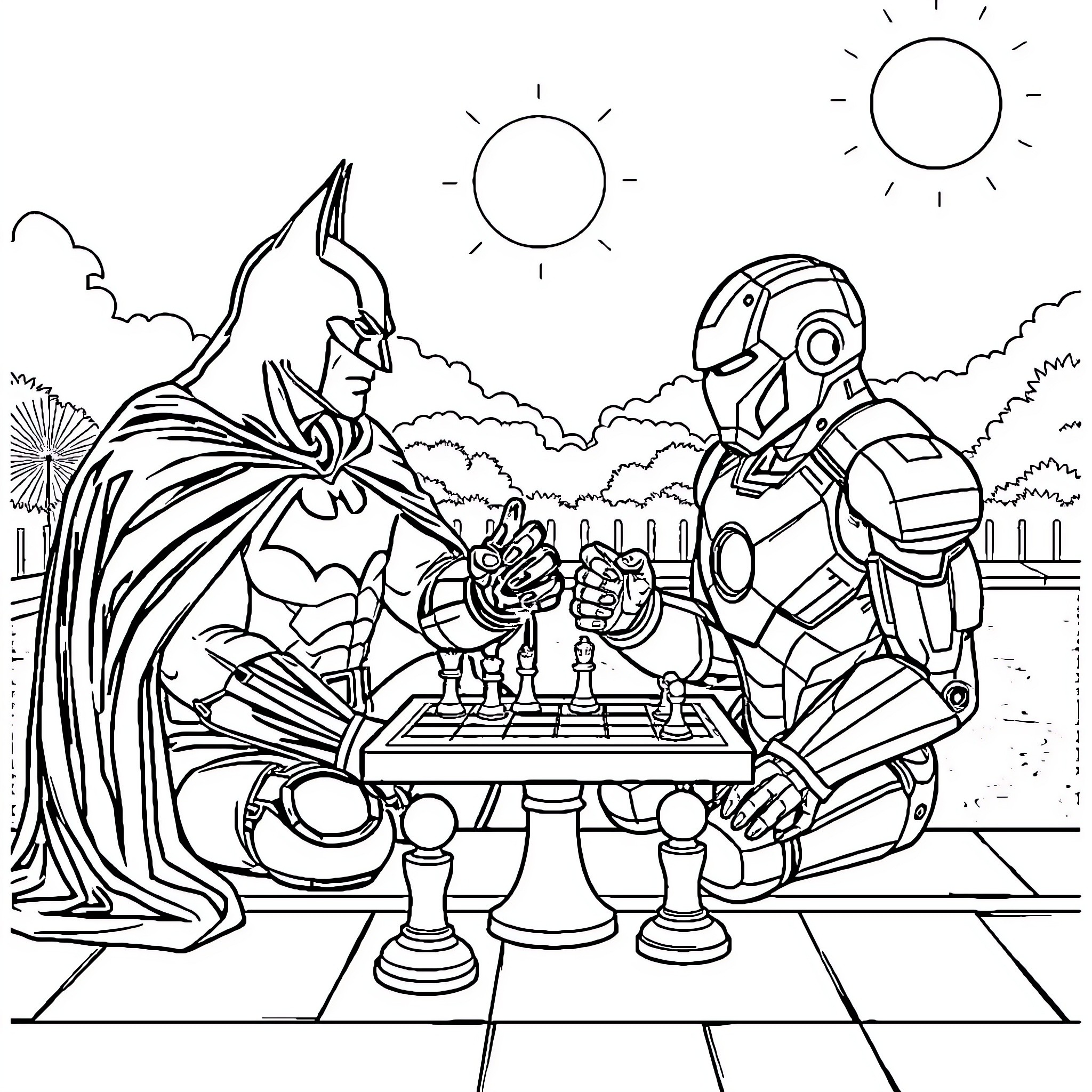 Batman and Iron Man play chess in the park Coloring Page (free black-and-white line drawing printable PDF for all, from beginners to advanced learners, including children, teens, adults, and seniors)