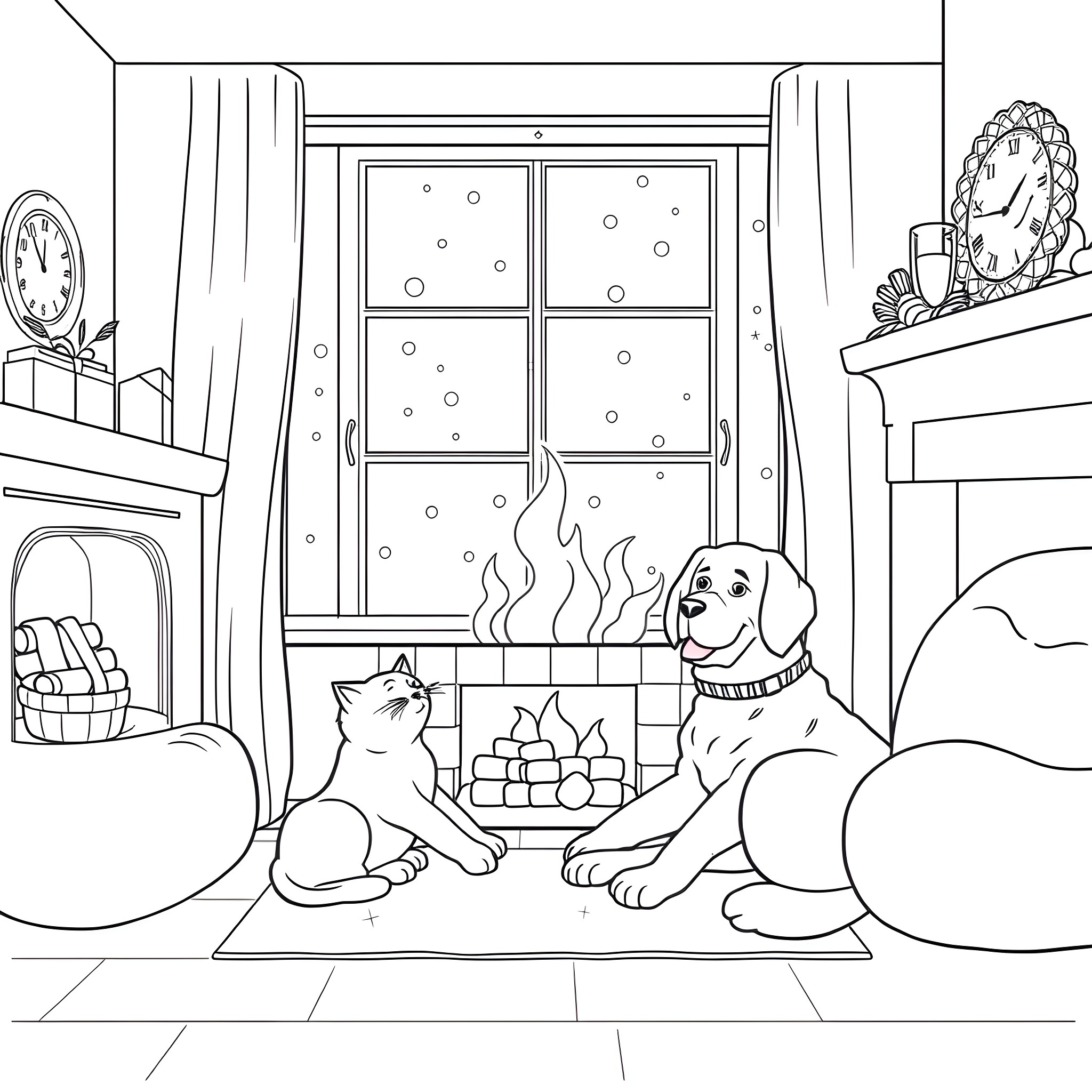 Cats and dogs enjoying cozy fireplace scene Coloring Page (free black-and-white line drawing printable PDF for all, from beginners to advanced learners, including children, teens, adults, and seniors)