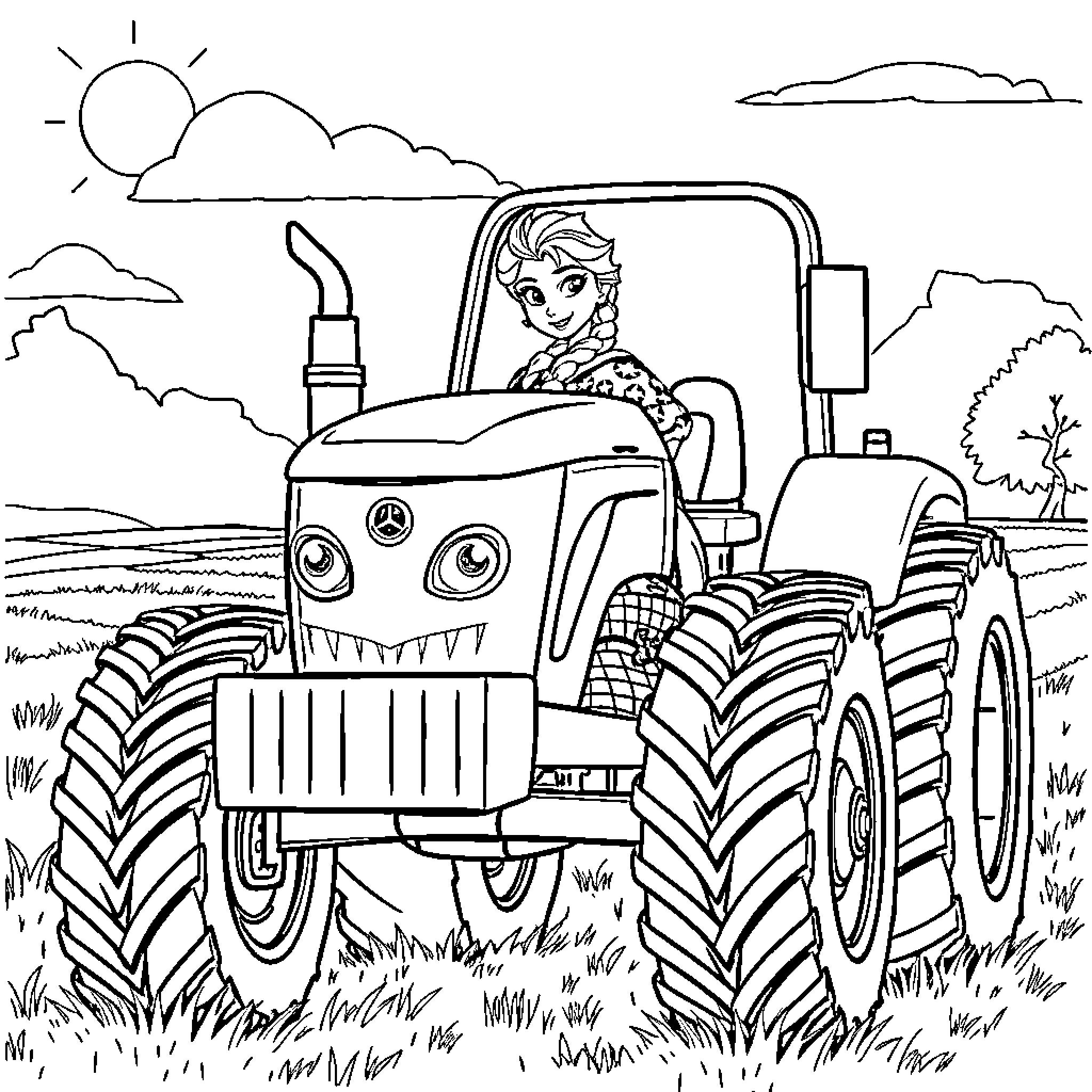 Elsa driving a tractor through the countryside Coloring Page (free black-and-white line drawing printable PDF for all, from beginners to advanced learners, including children, teens, adults, and seniors)