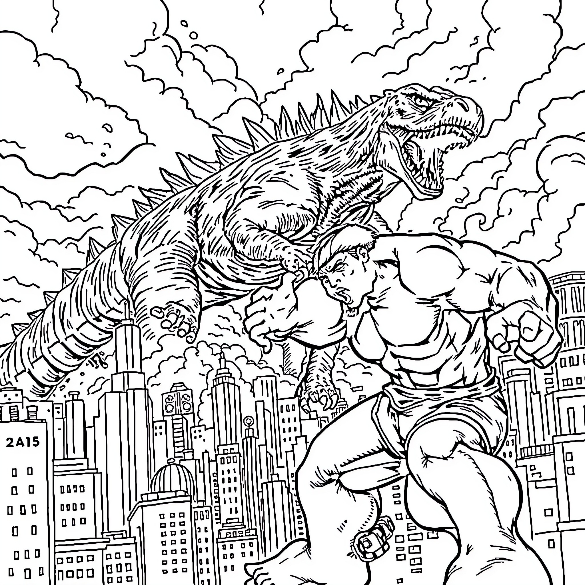 Godzilla Unleashed: Colossal Clash in the City Coloring Page (free black-and-white line drawing printable PDF for all, from beginners to advanced learners, including children, teens, adults, and seniors)