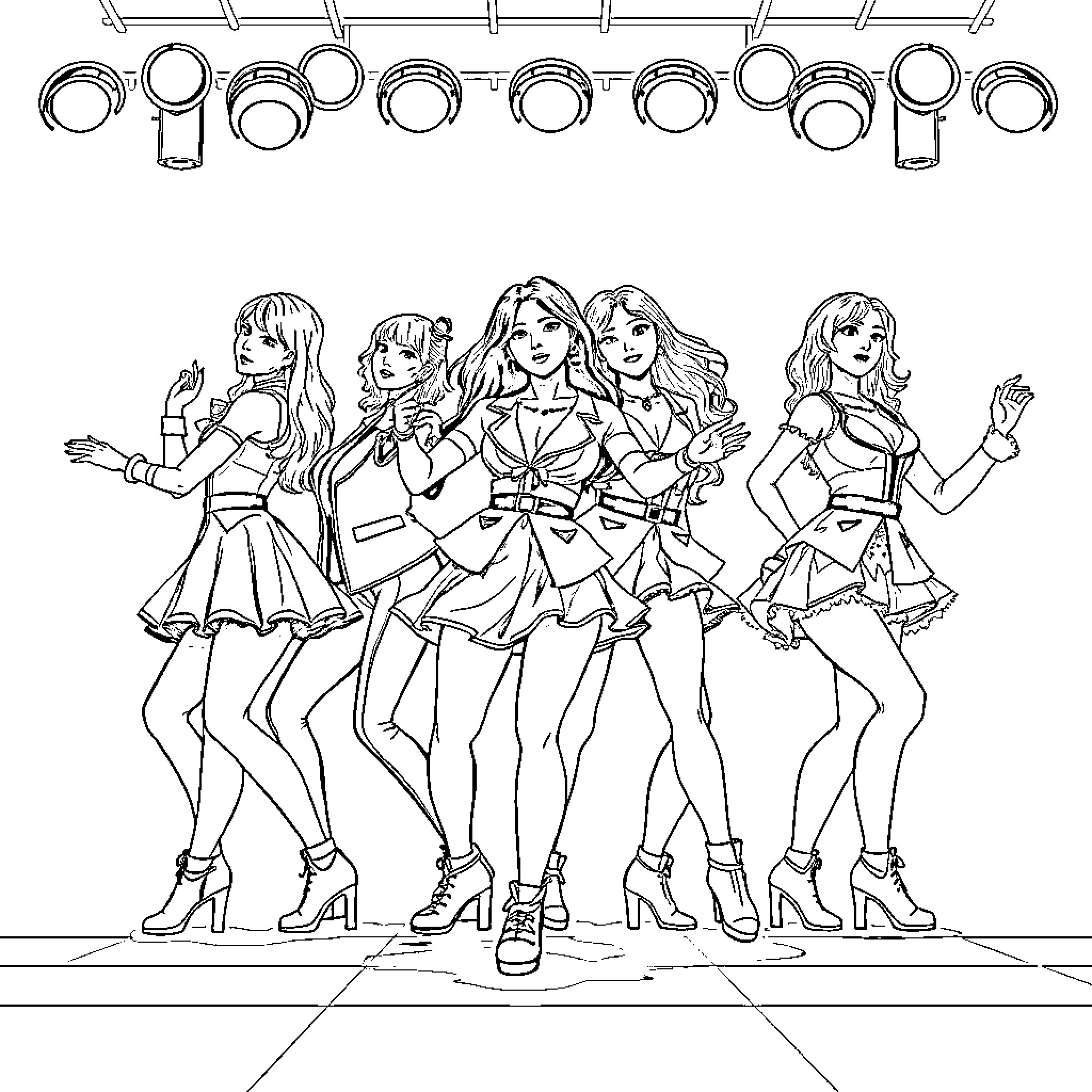 Kpop Warriors Performing on Stage Coloring Page (free black-and-white line drawing printable PDF for all, from beginners to advanced learners, including children, teens, adults, and seniors)