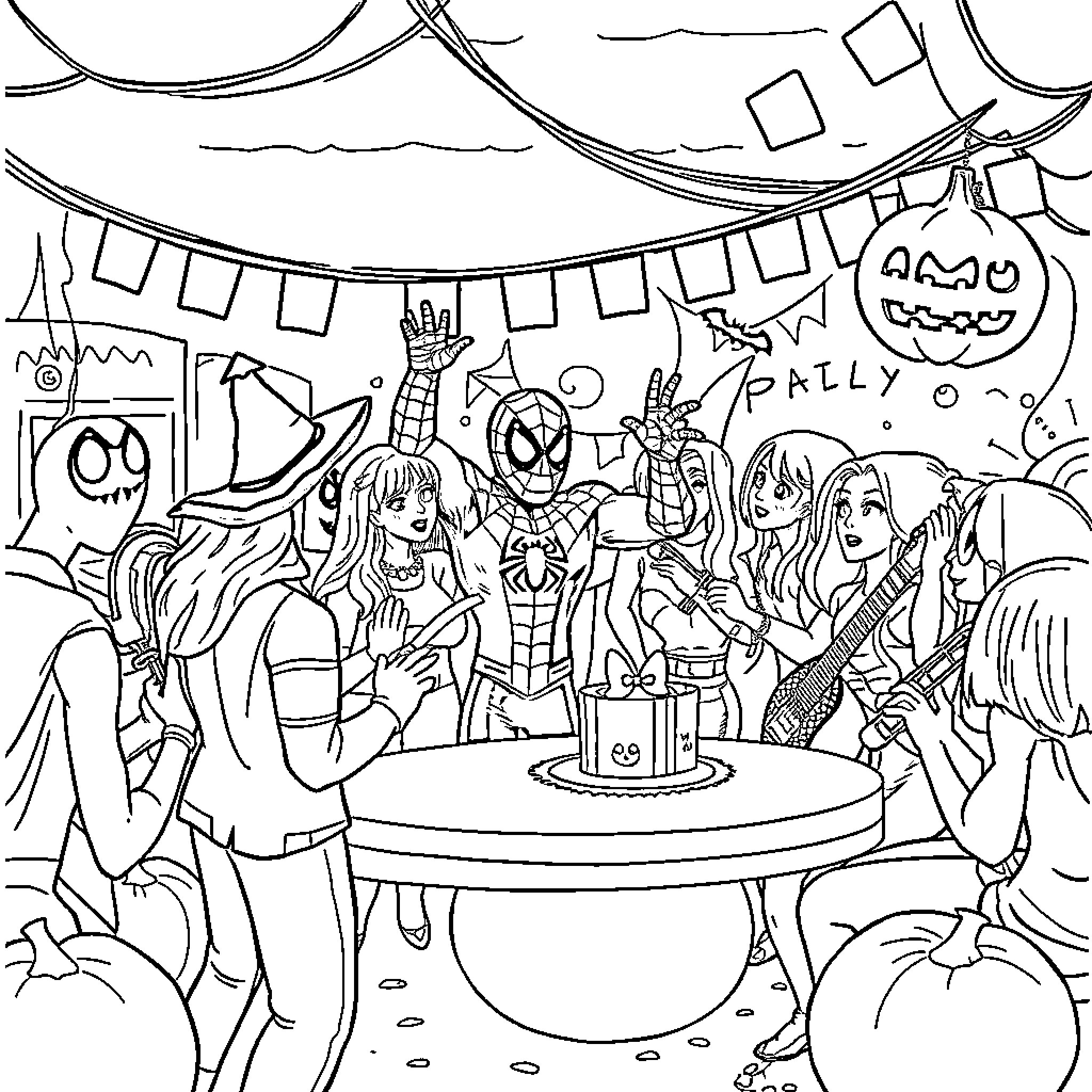 Spiderman joins a Halloween party with friends Coloring Page (free black-and-white line drawing printable PDF for all, from beginners to advanced learners, including children, teens, adults, and seniors)