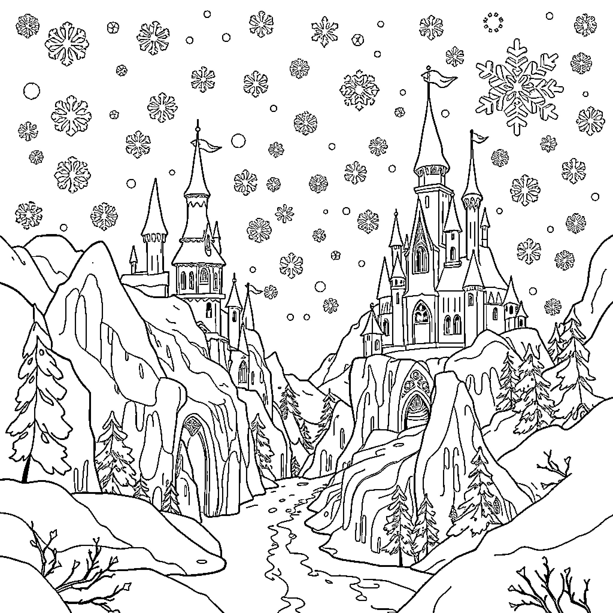 Snow Queen's Magical Winter Castle Coloring Page (free black-and-white line drawing printable PDF for all, from beginners to advanced learners, including children, teens, adults, and seniors)
