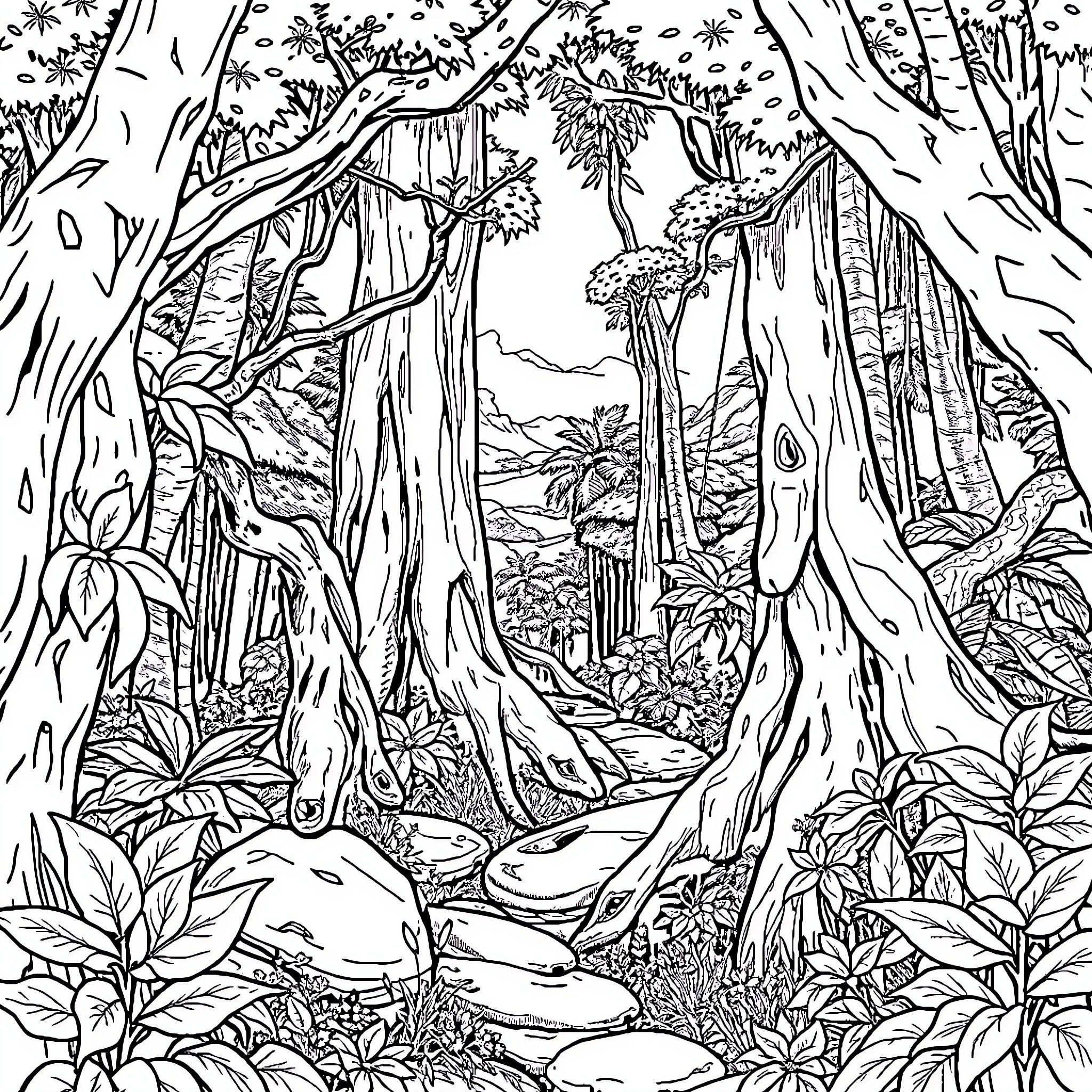 Rabbit roaming in the enchanting forest Coloring Page (free black-and-white line drawing printable PDF for all, from beginners to advanced learners, including children, teens, adults, and seniors)