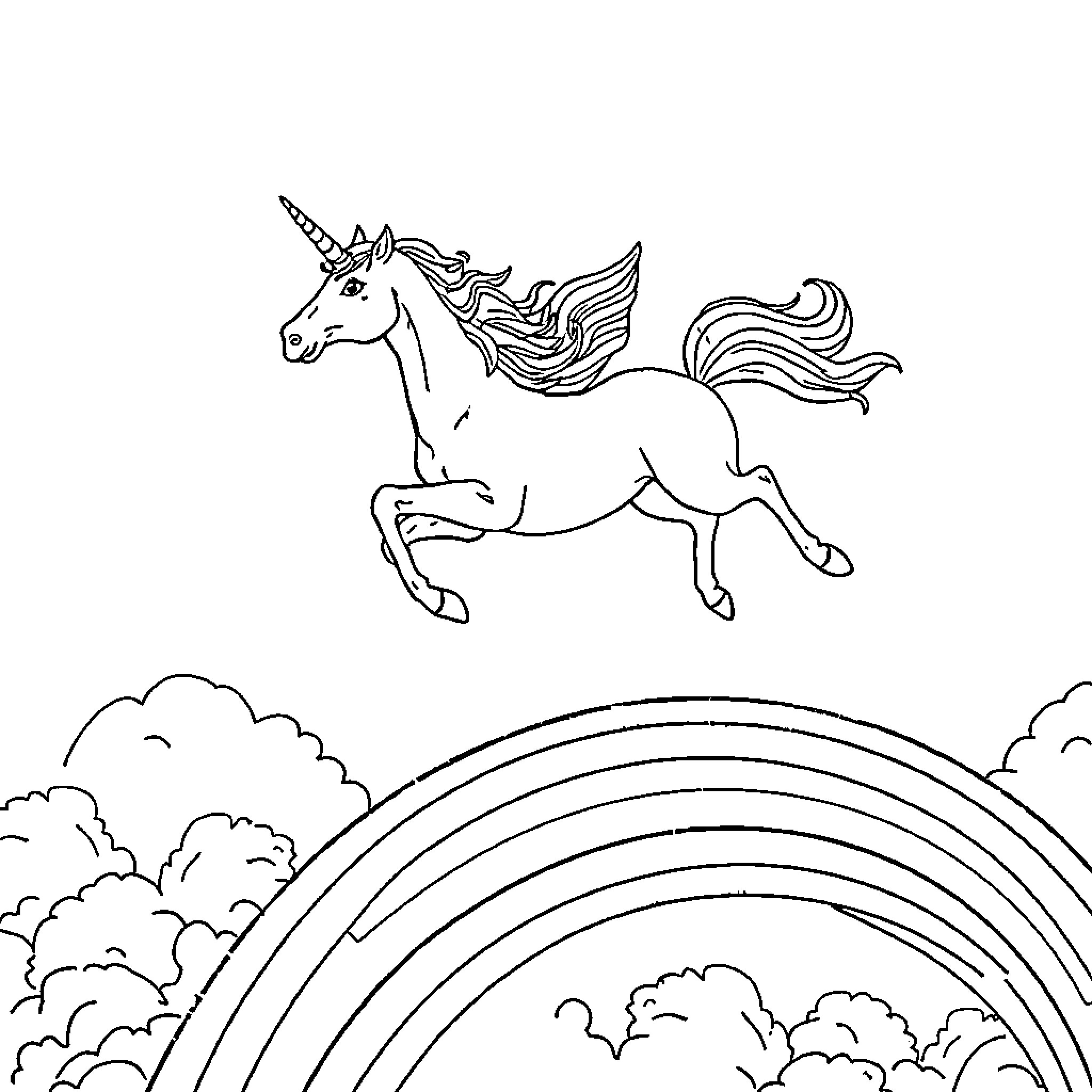 Unicorn soaring through magical cloud-filled skies Coloring Page (free black-and-white line drawing printable PDF for all, from beginners to advanced learners, including children, teens, adults, and seniors)
