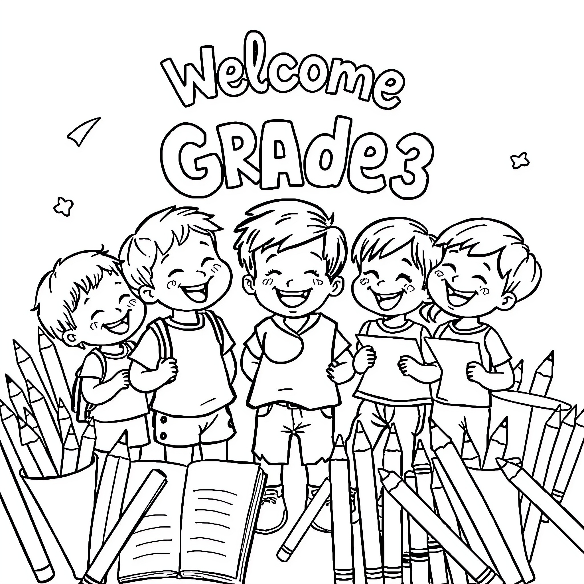 Child students welcoming new grade level Coloring Page (free black-and-white line drawing printable PDF for all, from beginners to advanced learners, including children, teens, adults, and seniors)