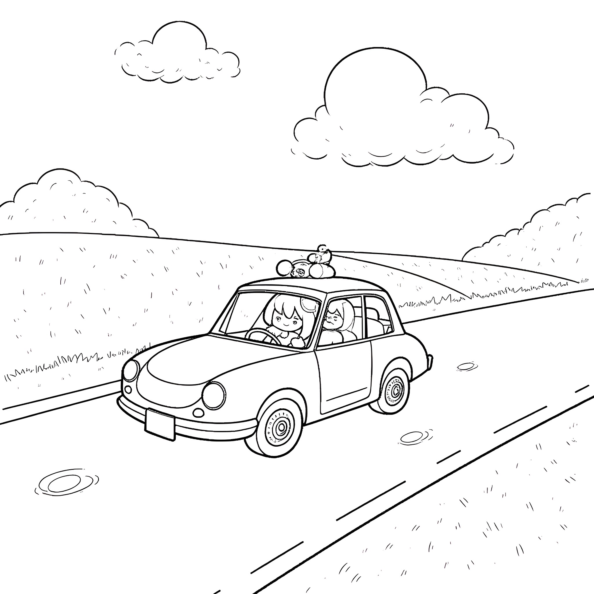 Miku driving cheerfully down the country road Coloring Page (free black-and-white line drawing printable PDF for all, from beginners to advanced learners, including children, teens, adults, and seniors)