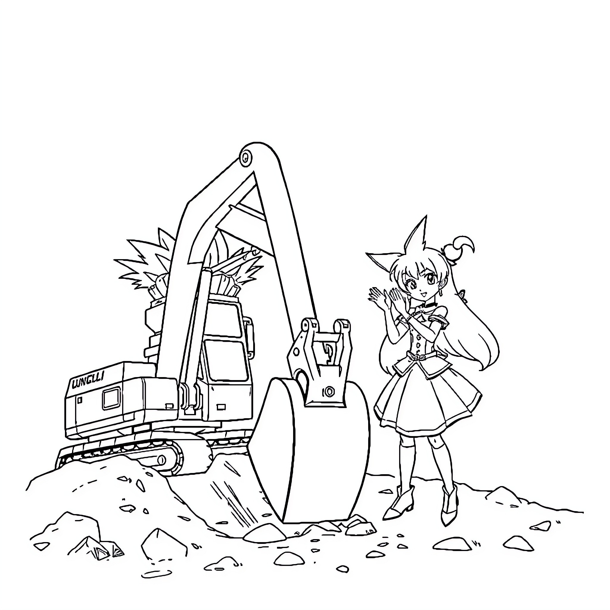 Yu-Gi-Oh! Character Exploring Construction Site Coloring Page (free black-and-white line drawing printable PDF for all, from beginners to advanced learners, including children, teens, adults, and seniors)