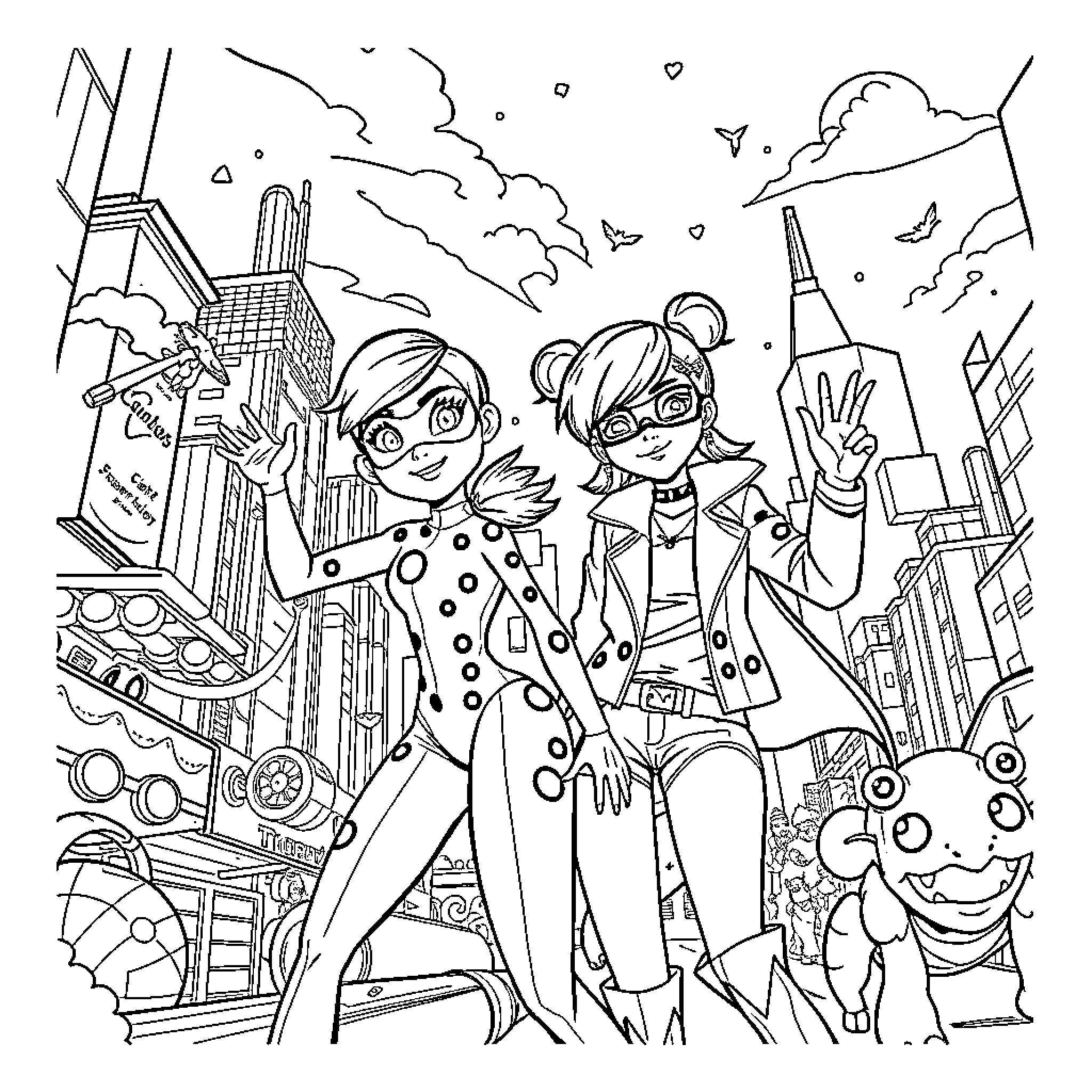 Ladybug friends exploring the city with excitement Coloring Page (free black-and-white line drawing printable PDF for all, from beginners to advanced learners, including children, teens, adults, and seniors)