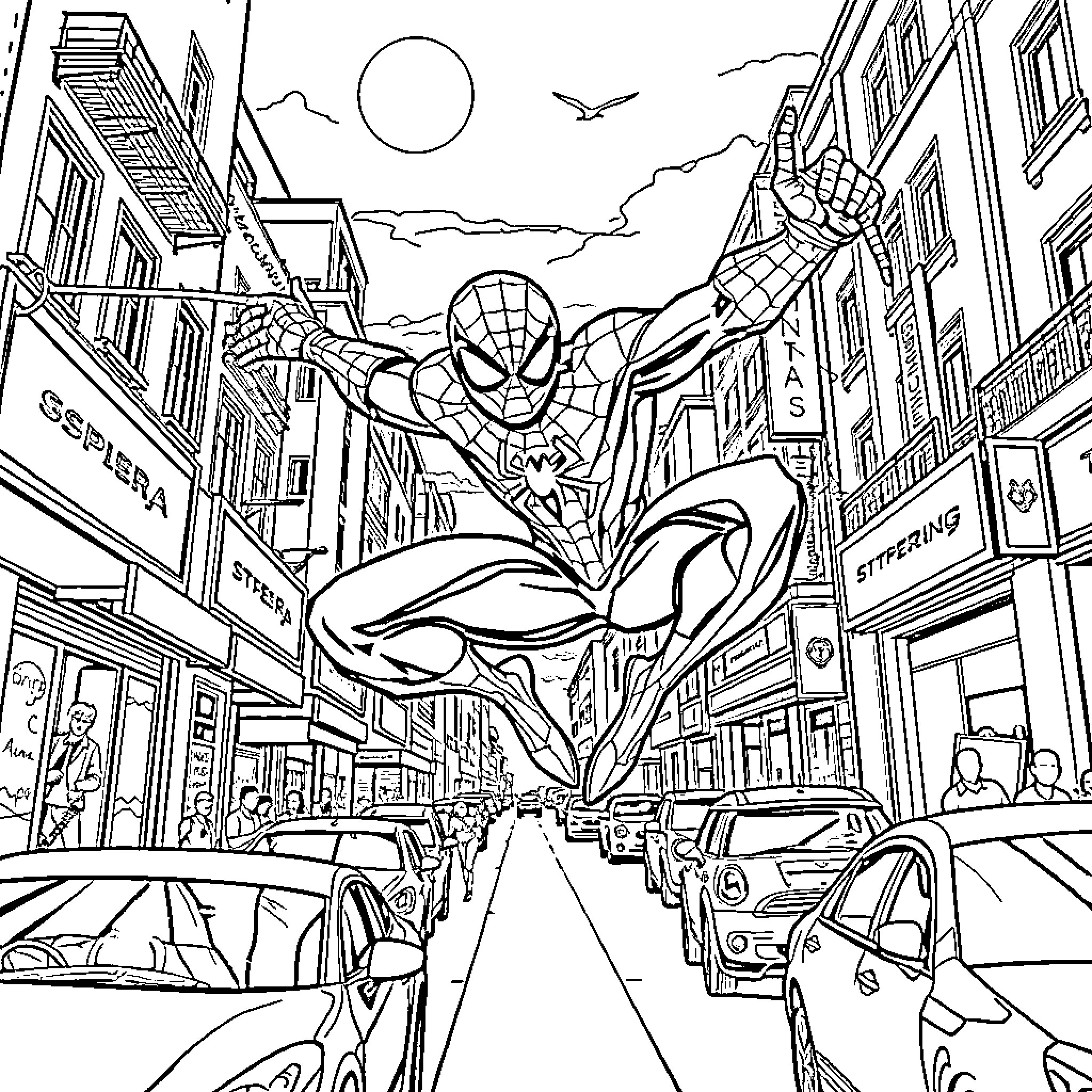 Spiderman swings through the busy city streets Coloring Page (free black-and-white line drawing printable PDF for all, from beginners to advanced learners, including children, teens, adults, and seniors)