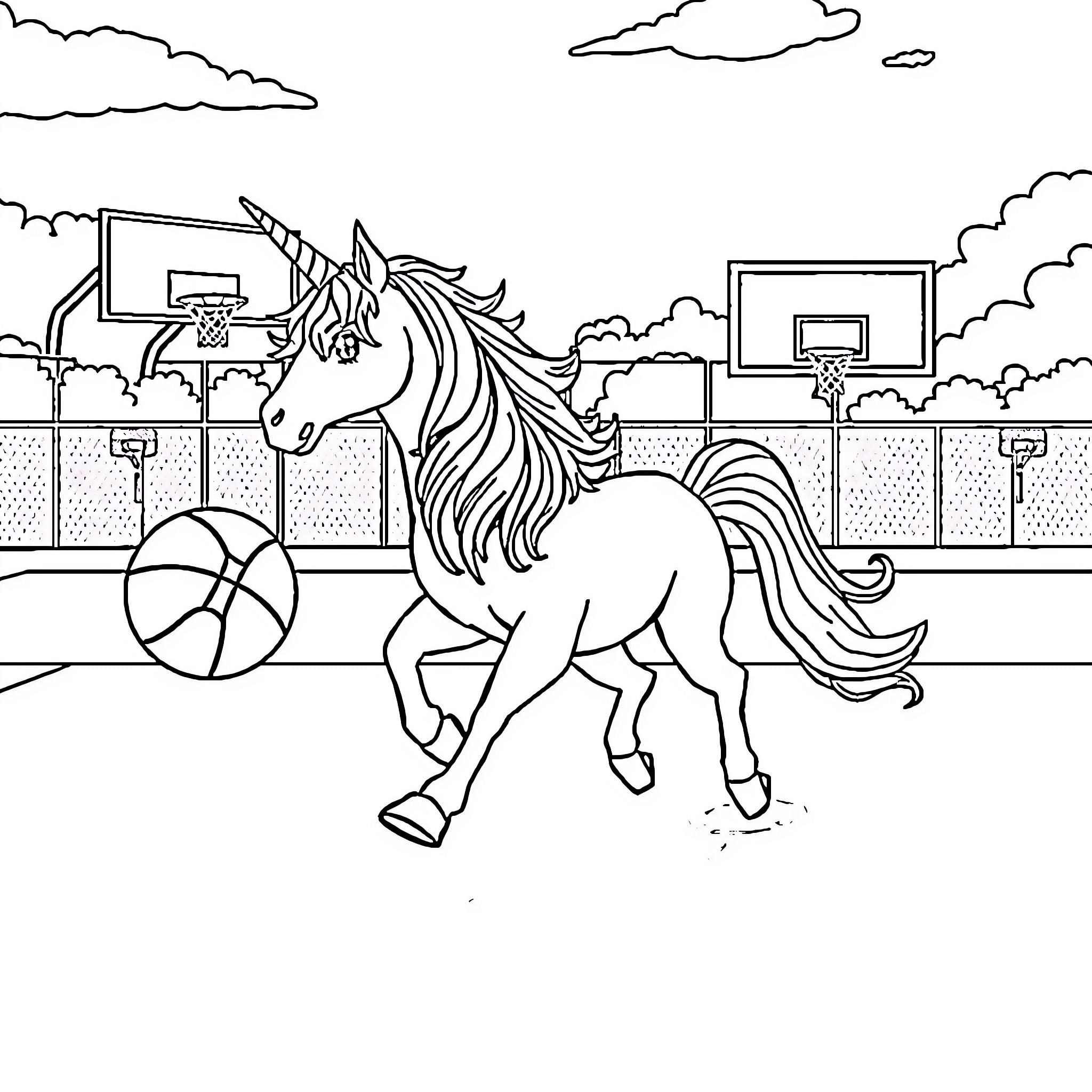 Unicorn playing basketball on outdoor court Coloring Page (free black-and-white line drawing printable PDF for all, from beginners to advanced learners, including children, teens, adults, and seniors)