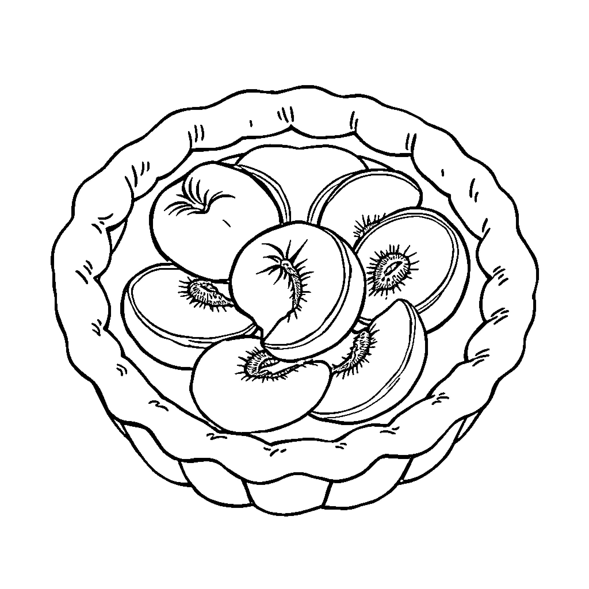 Peach fruit tart with delicate pastry crust Coloring Page (free black-and-white line drawing printable PDF for all, from beginners to advanced learners, including children, teens, adults, and seniors)