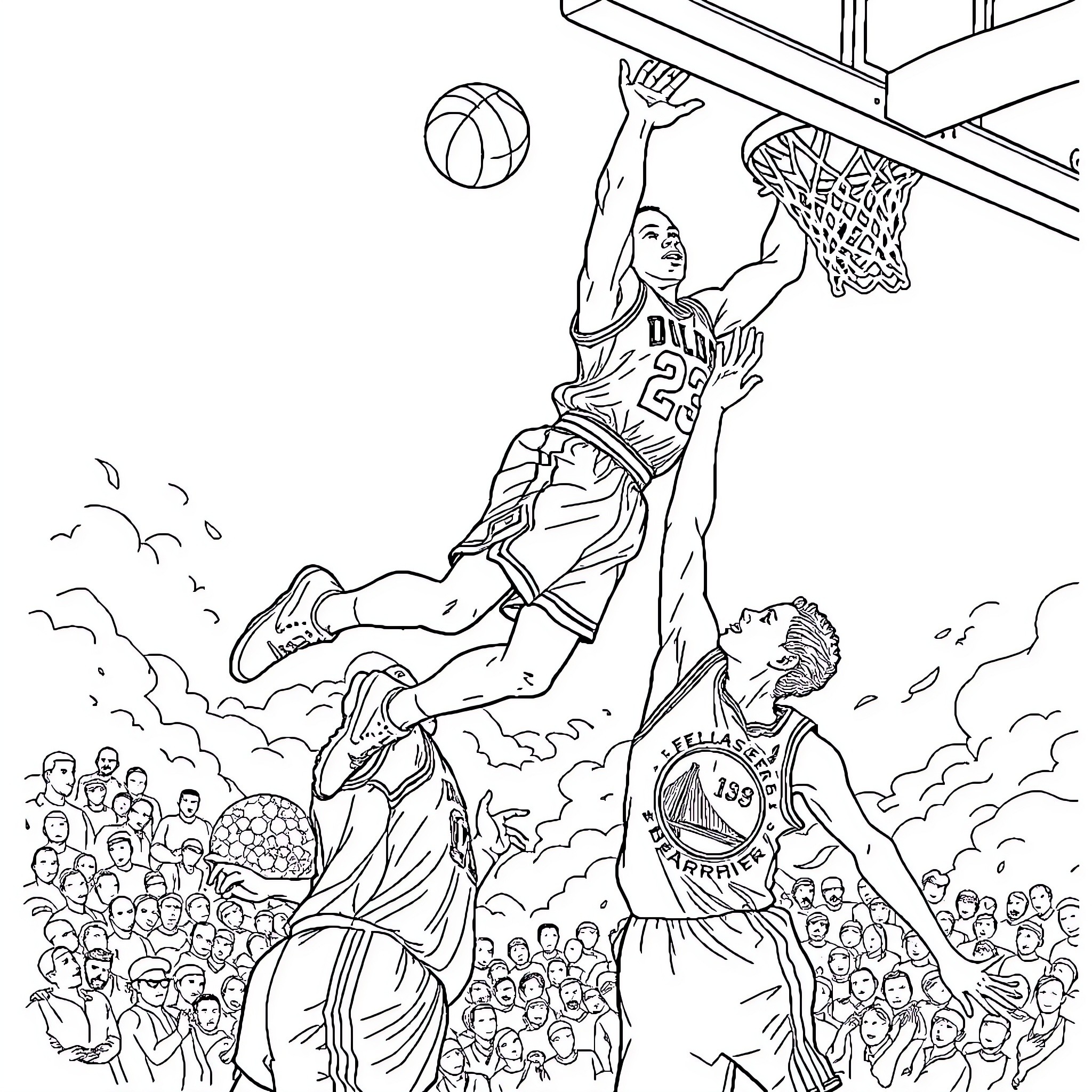 Michael Jordan slam dunking on the basketball court Coloring Page (free black-and-white line drawing printable PDF for all, from beginners to advanced learners, including children, teens, adults, and seniors)