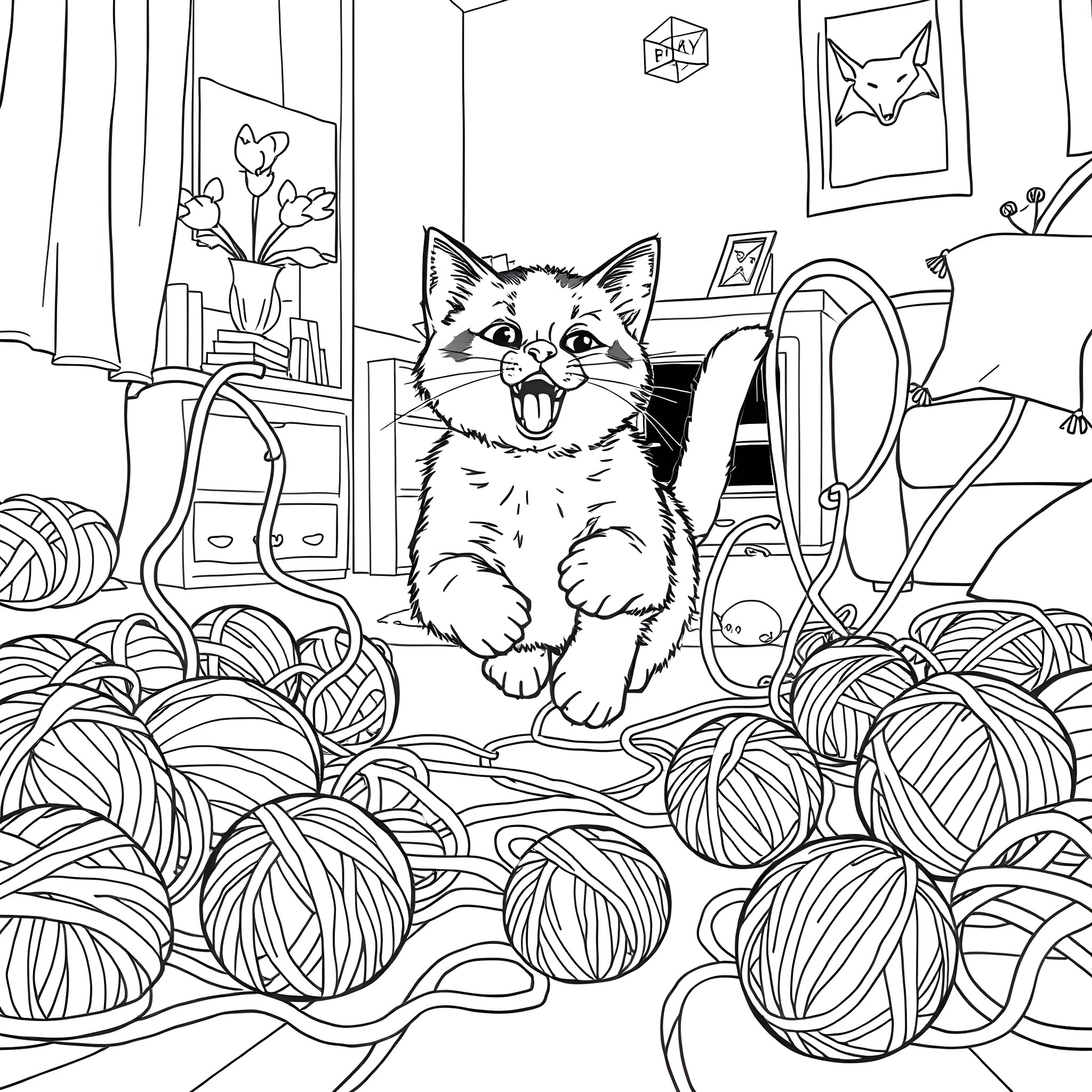 Cat playing with yarn in a cozy room Coloring Page (free black-and-white line drawing printable PDF for all, from beginners to advanced learners, including children, teens, adults, and seniors)
