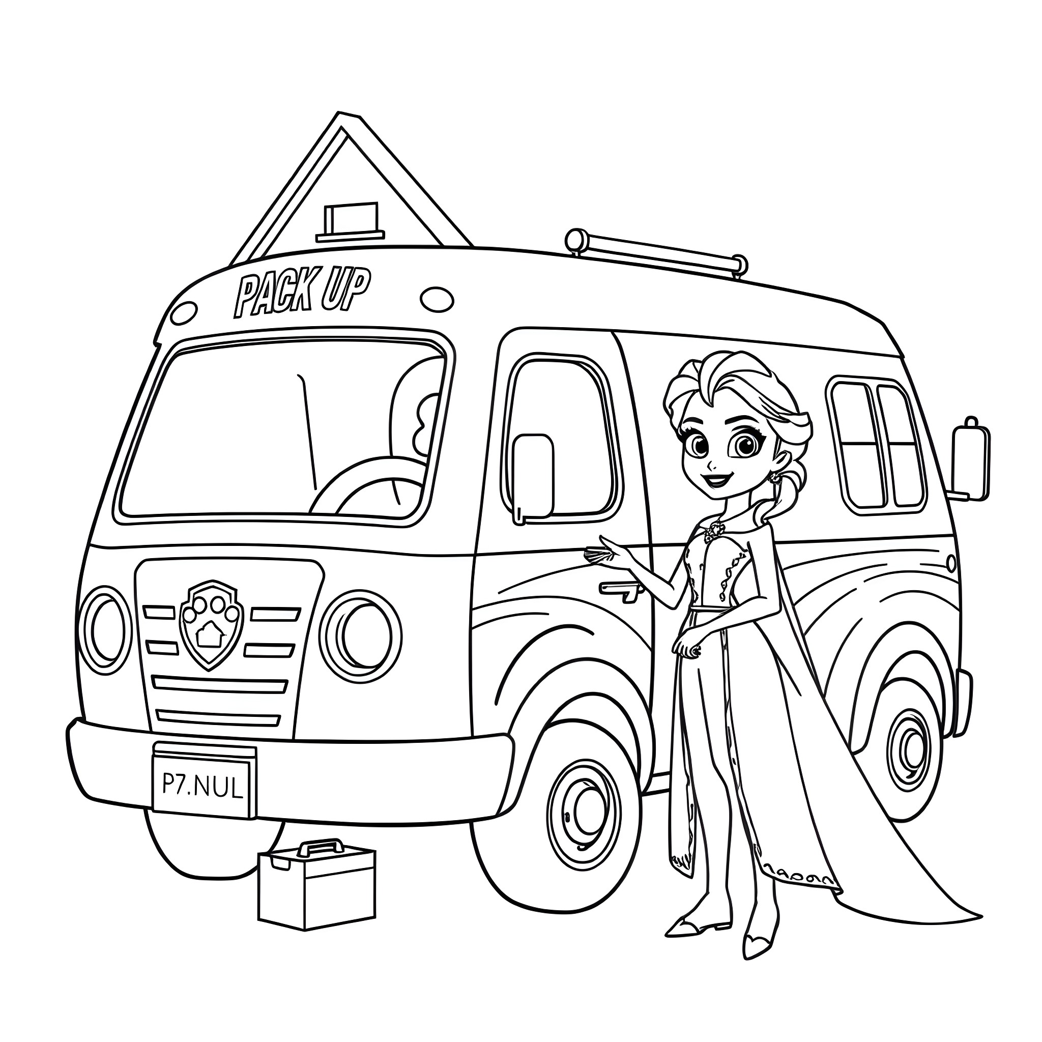 Elsa and her pack-up delivery van Coloring Page (free black-and-white line drawing printable PDF for all, from beginners to advanced learners, including children, teens, adults, and seniors)