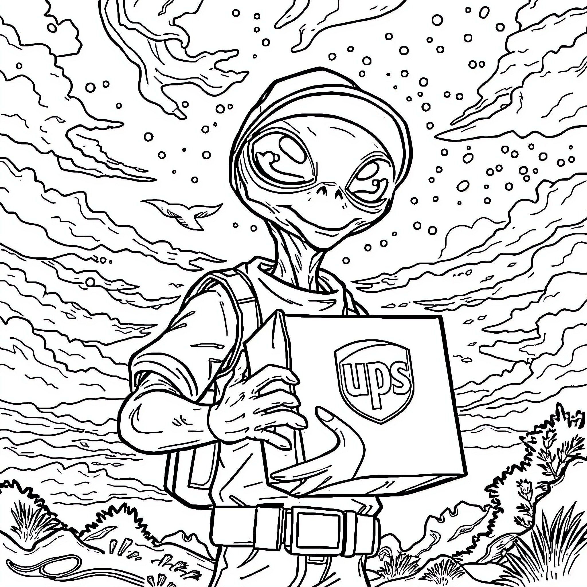 Alien Delivers Package Amidst Cosmic Backdrop Coloring Page (free black-and-white line drawing printable PDF for all, from beginners to advanced learners, including children, teens, adults, and seniors)