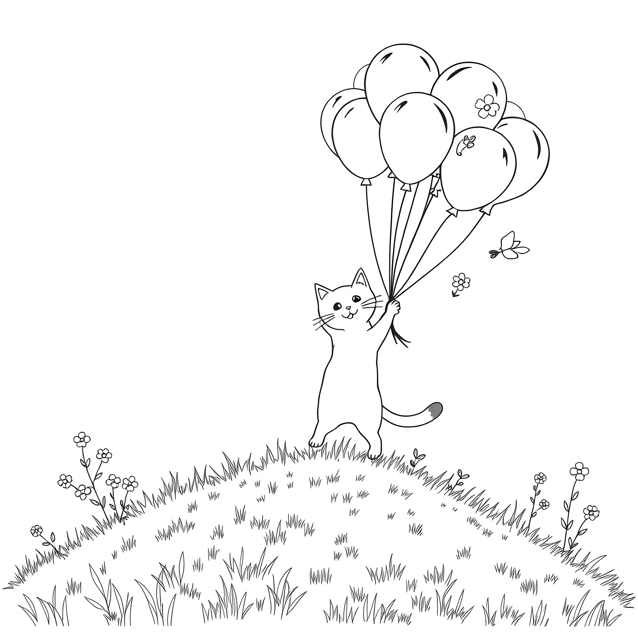 Cat with balloons in a field Coloring Page (free black-and-white line drawing printable PDF for all, from beginners to advanced learners, including children, teens, adults, and seniors)